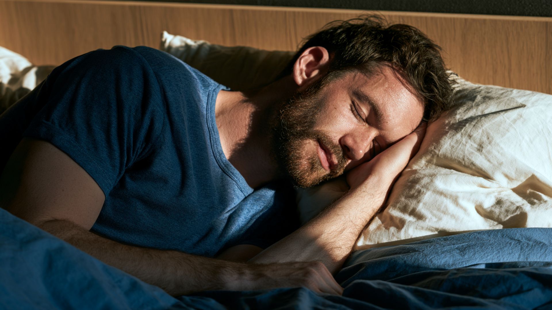 Man sleeping peacefully in bed during a daytime nap with sunlight falling across the bedroom