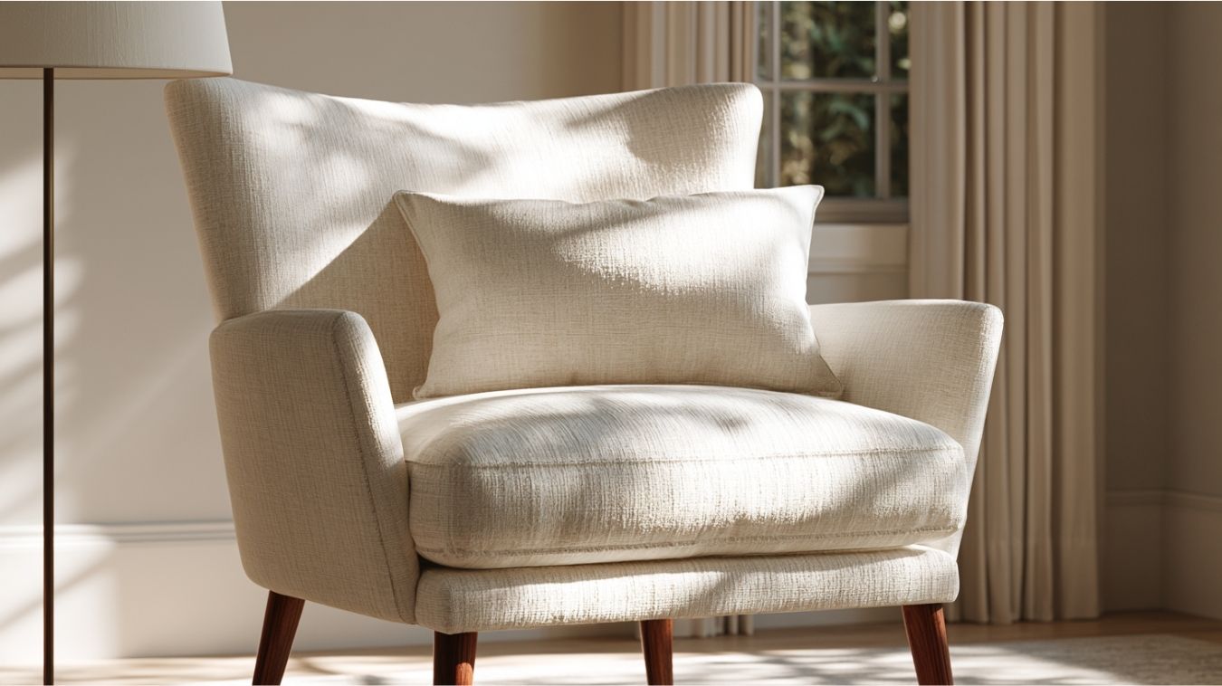 Accent chair styled with a single decorative pillow showing a balanced small-scale pillow arrangement.