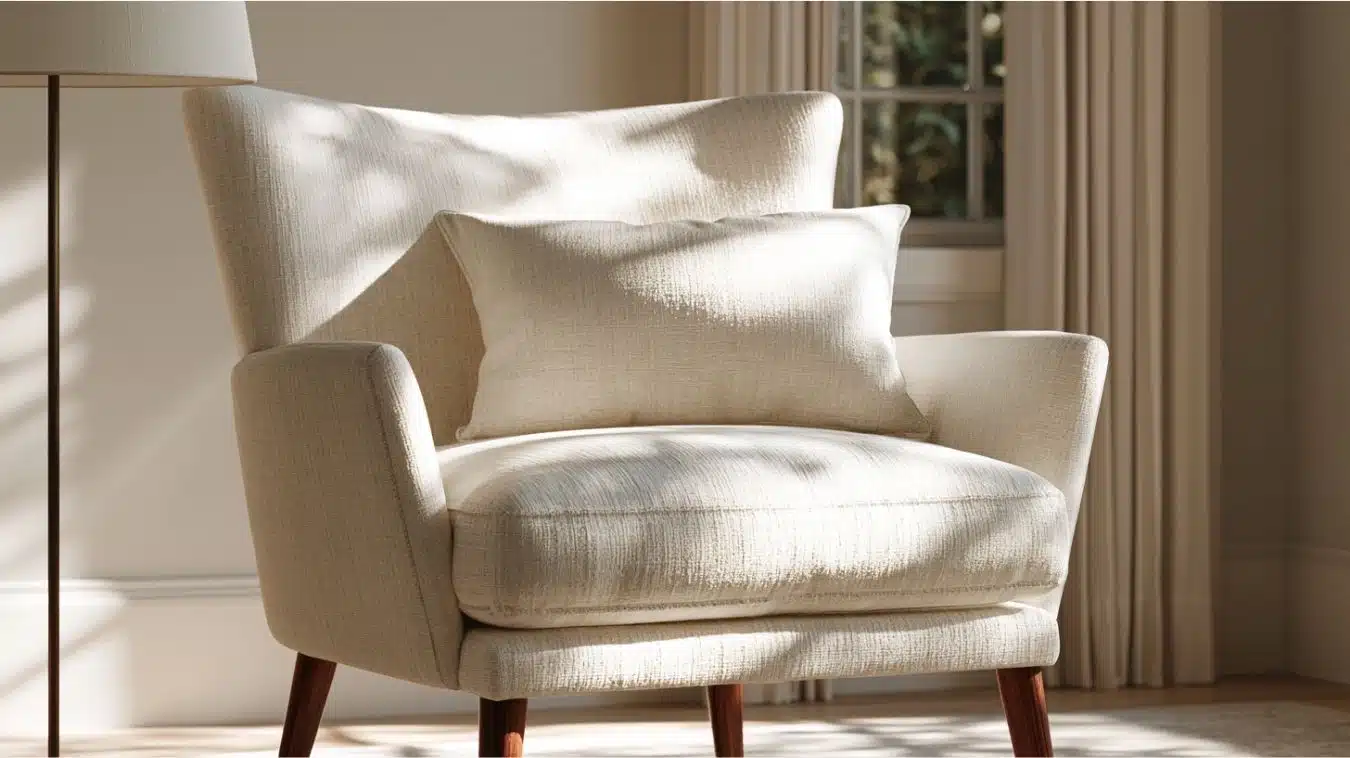 Accent chair styled with a single decorative pillow showing a balanced small-scale pillow arrangement.