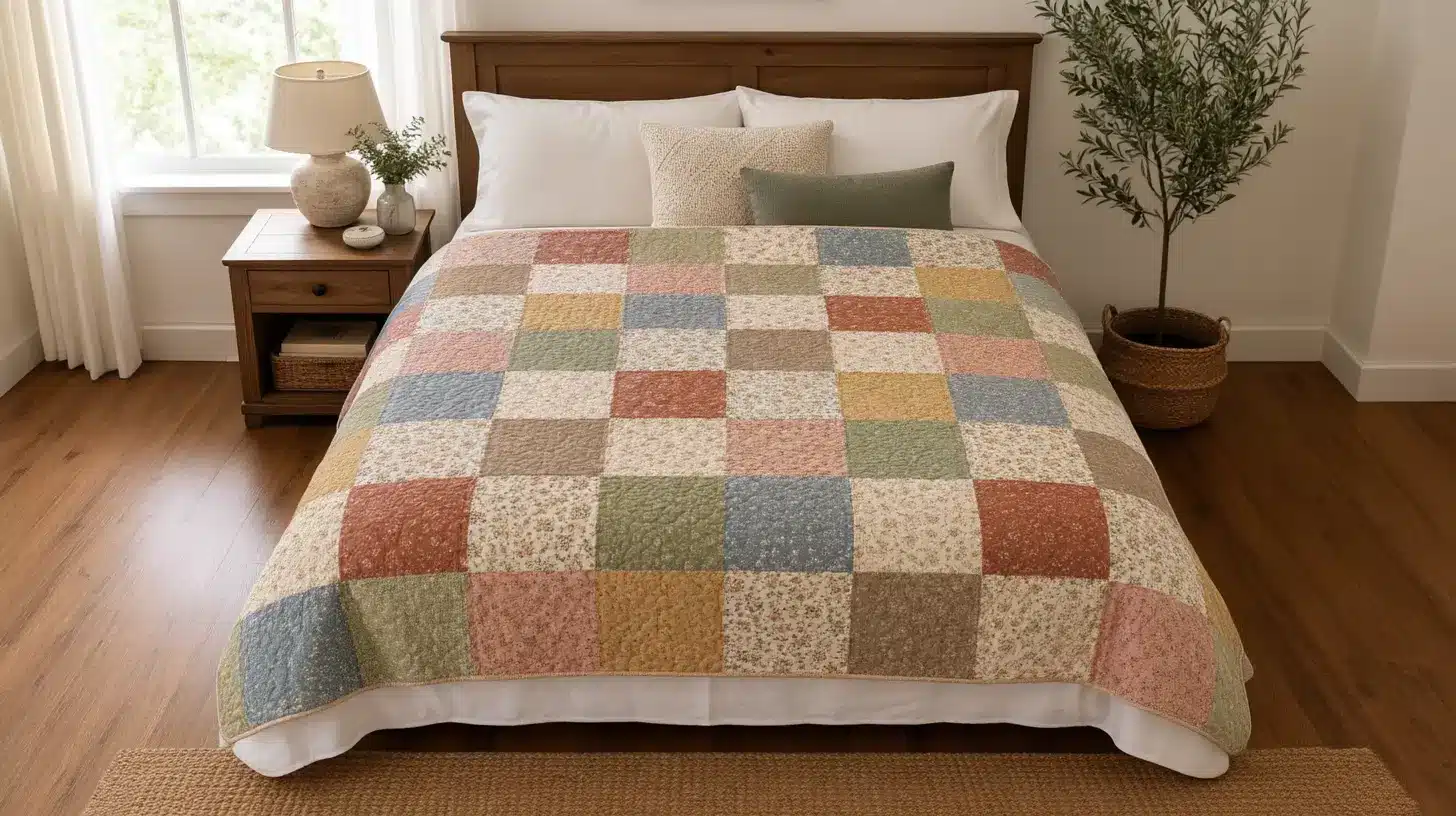 Bedroom featuring a wooden bed with a colorful patchwork quilt, a nightstand with a lamp and a potted plant