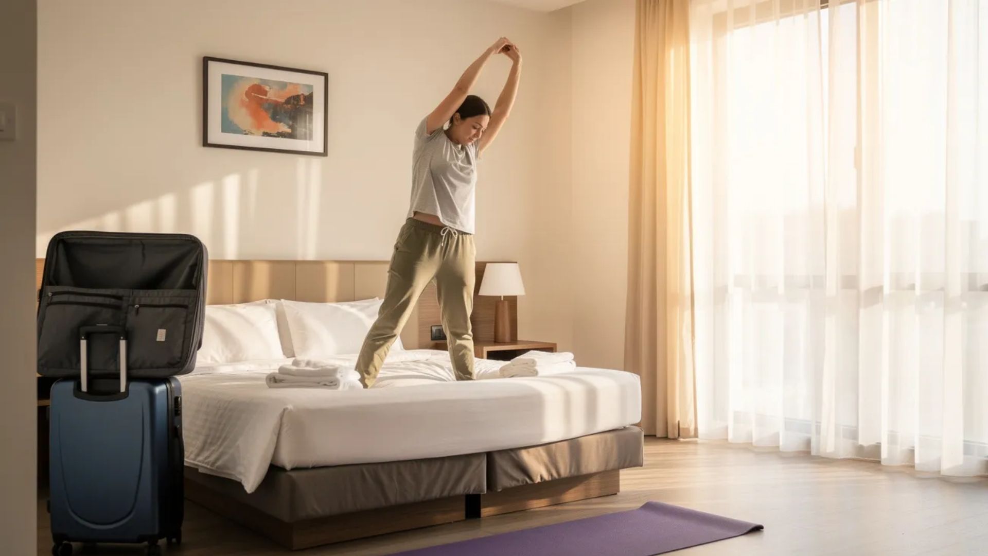 Traveler stretching in a hotel room after arrival while adjusting to a new time zone and recovering from jet lag