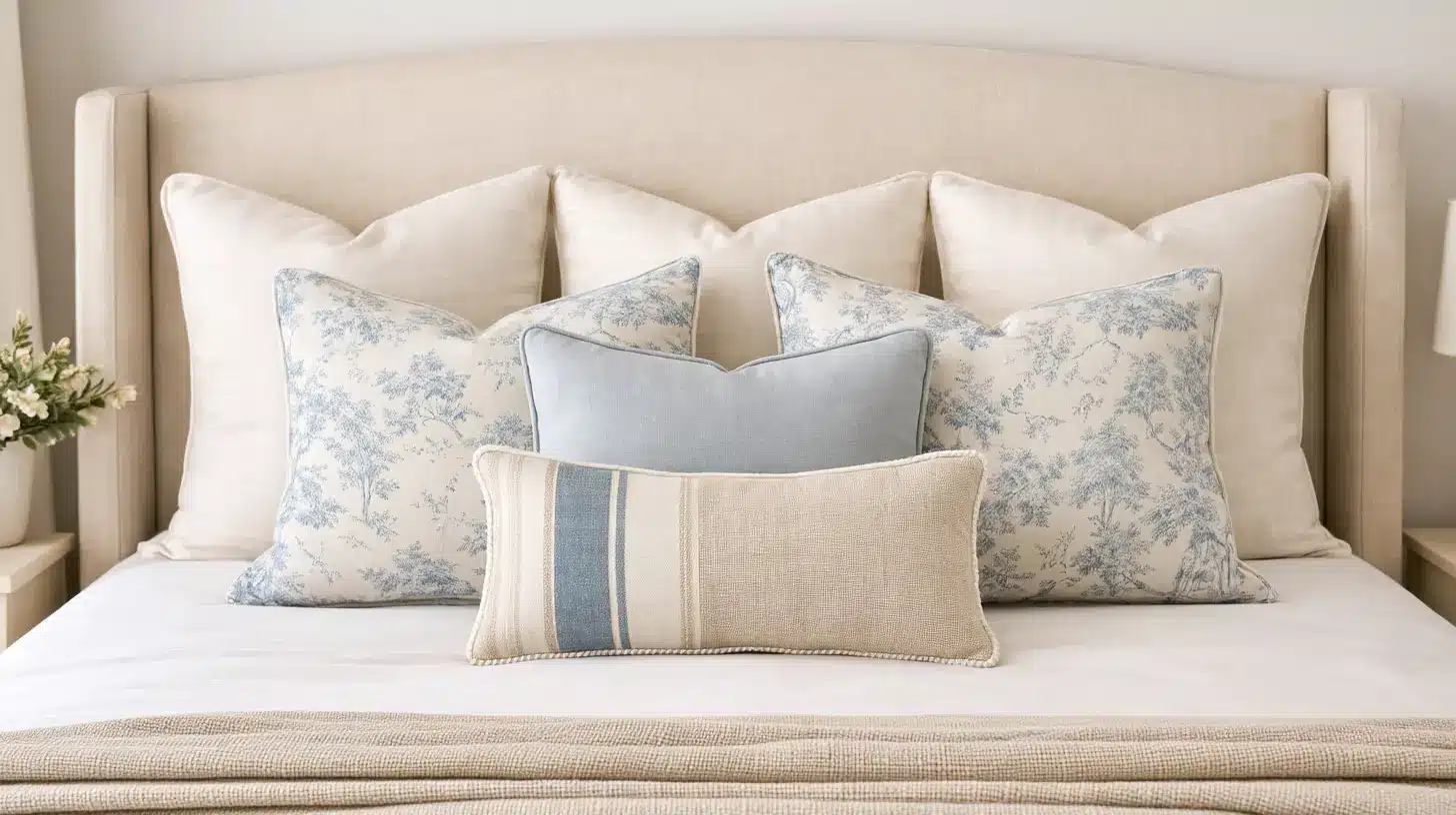Beige upholstered headboard styled with layered pillows in neutral tones and blue toile patterns