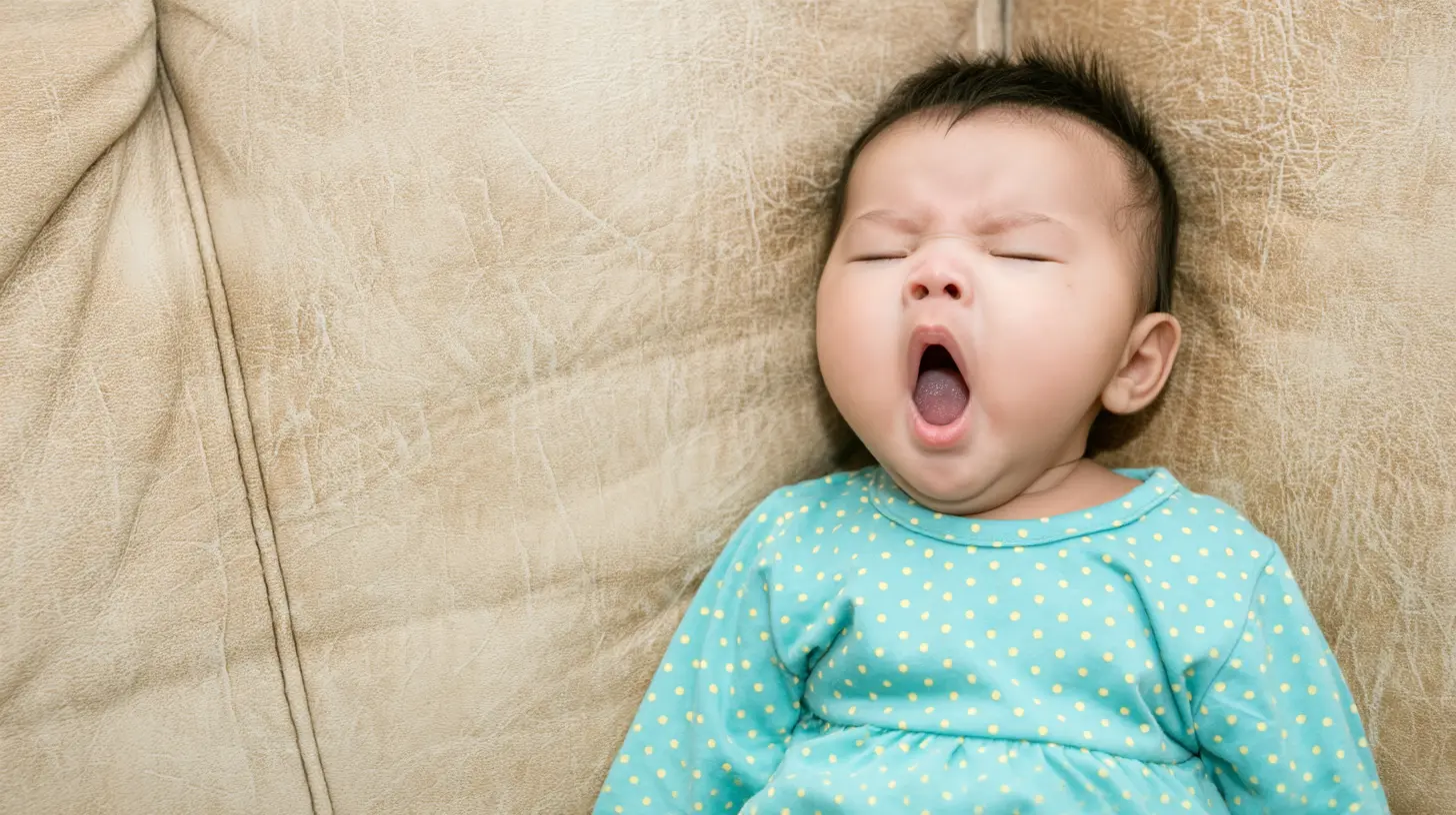 A close-up of a baby wearing a teal and yellow polka-dot dress, snoring while sleeping on the sofa
