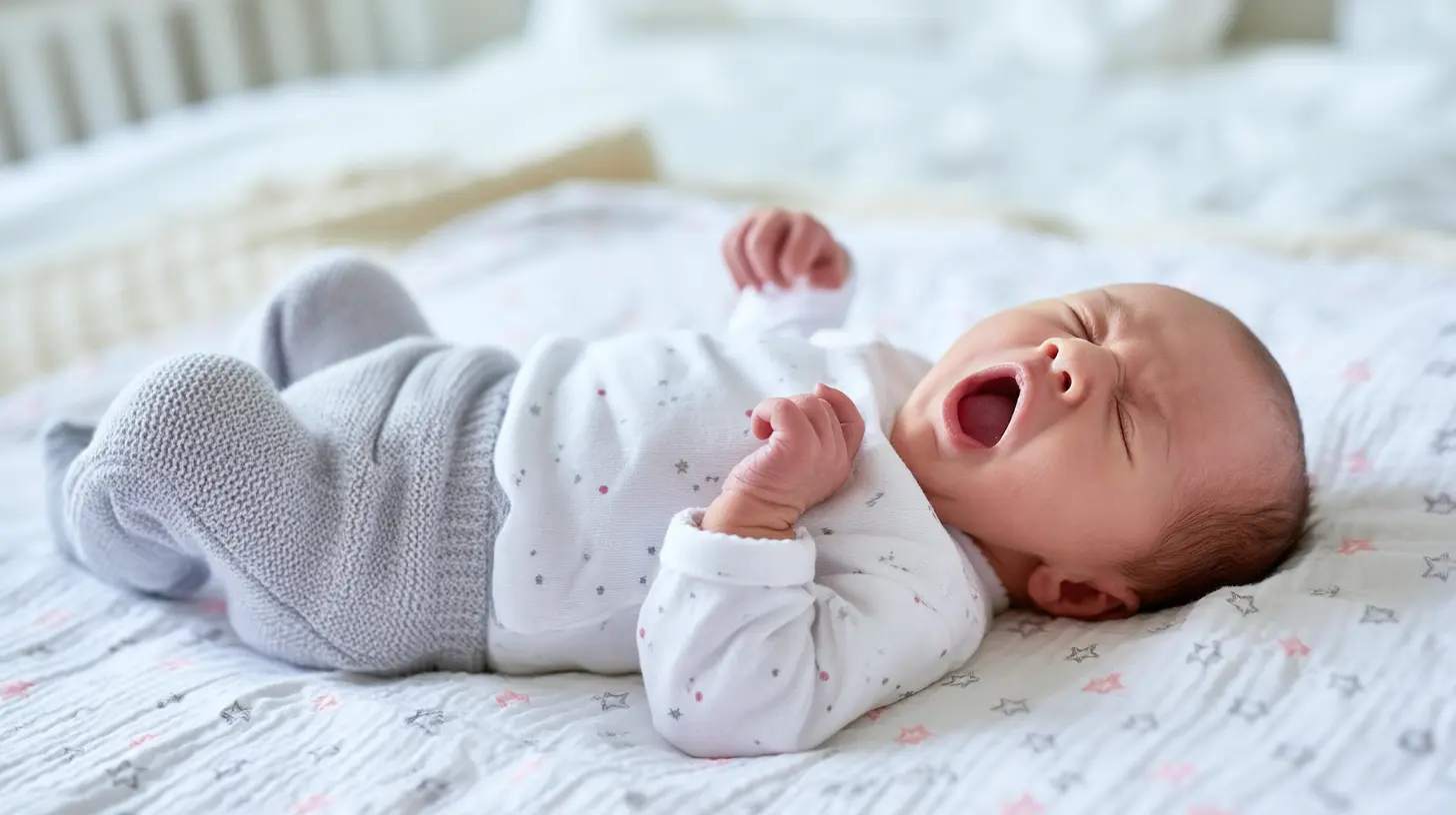 A newborn baby wearing grey knit pants and a patterned white top lies on a blanket snoring.