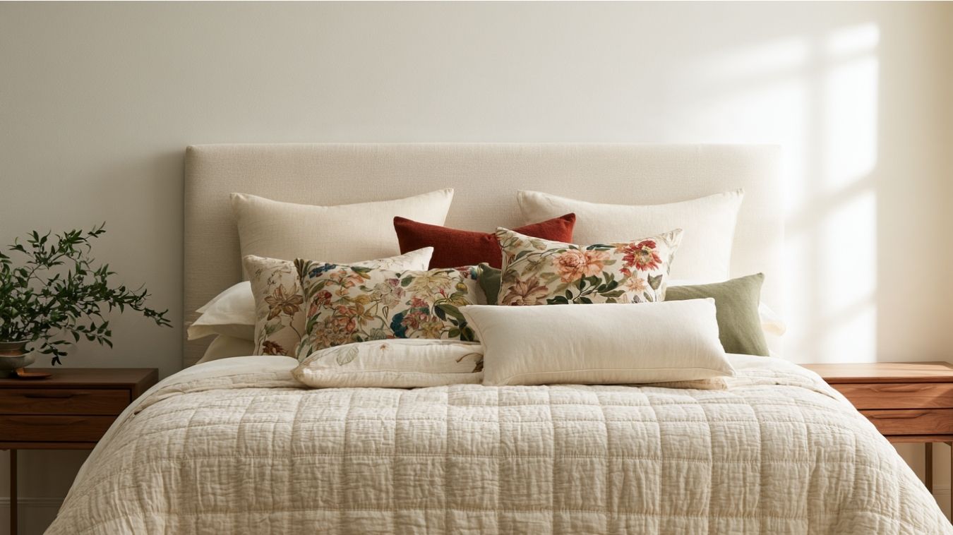 Sofa showing various decorative pillow sizes and placement styles in a modern living room.