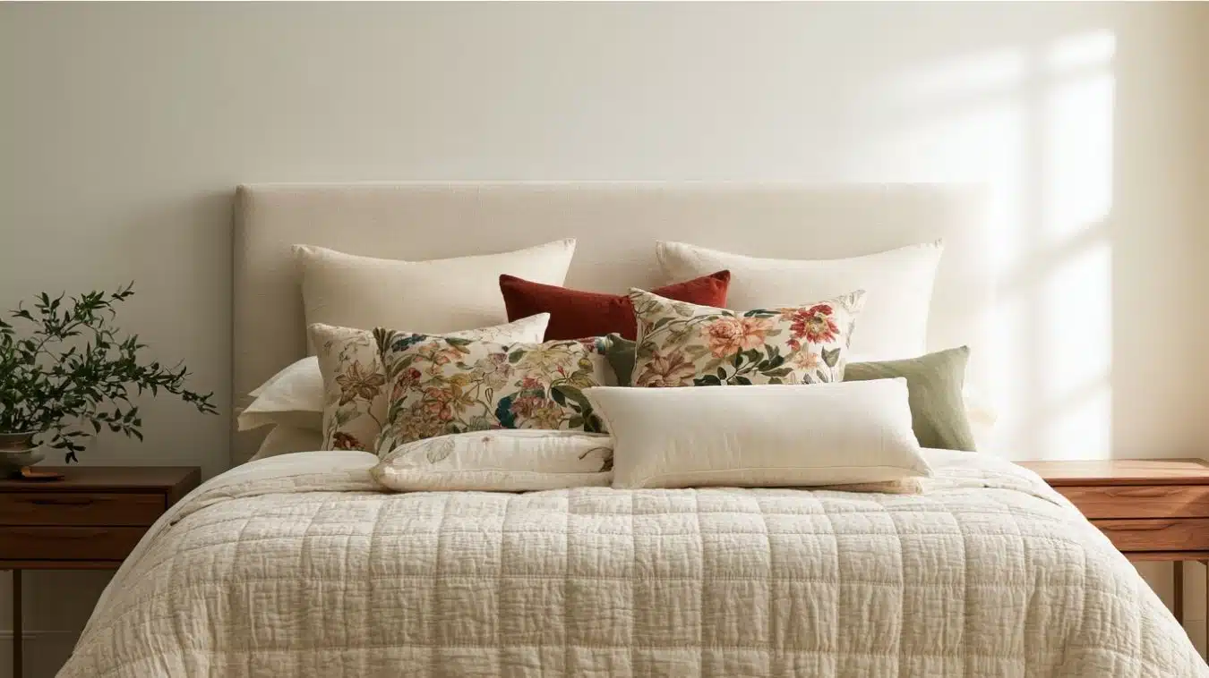 Sofa showing various decorative pillow sizes and placement styles in a modern living room.