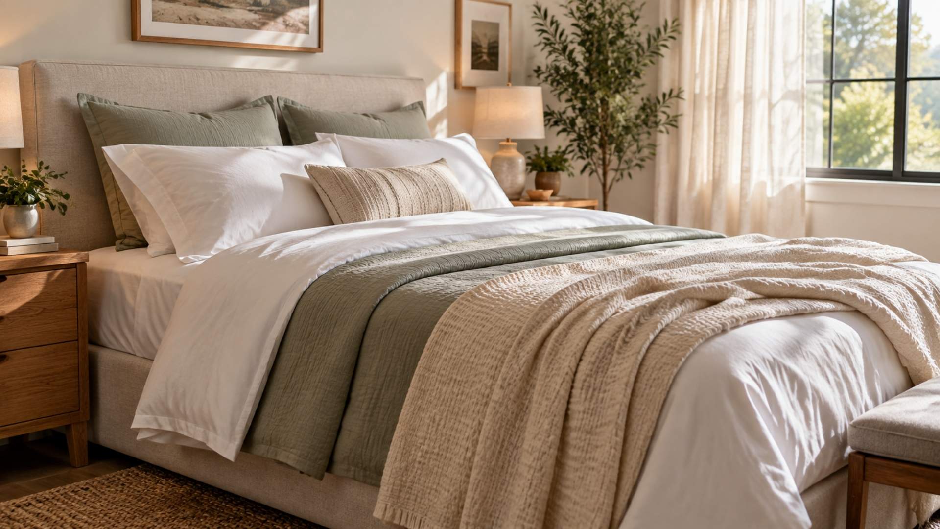 Layered bedding in a bright bedroom showing how sheets and blankets affect sleep temperature and comfort