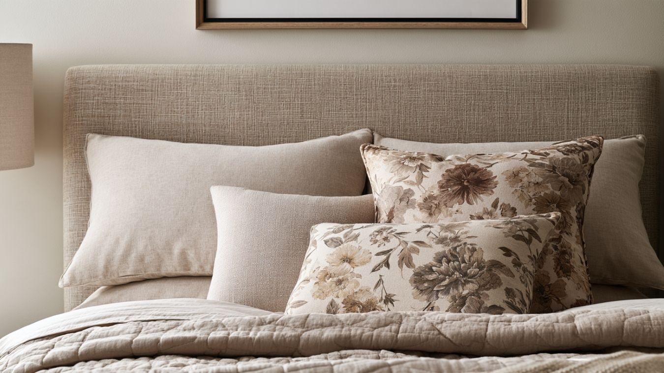 Bed with layered sleeping and decorative pillows arranged against an upholstered headboard