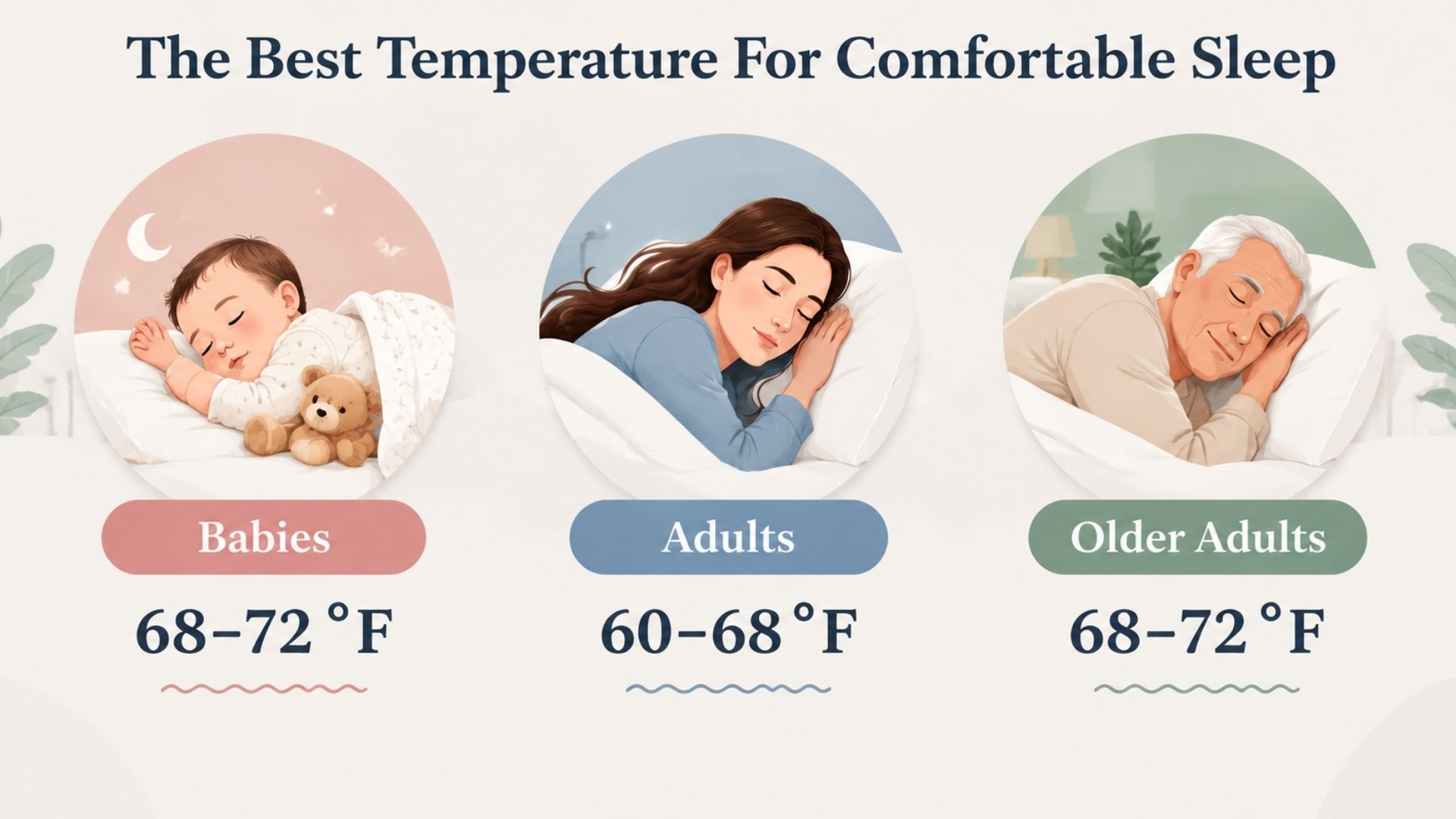 Infographic showing recommended sleeping temperatures for babies, adults, and older adults with different comfort ranges.
