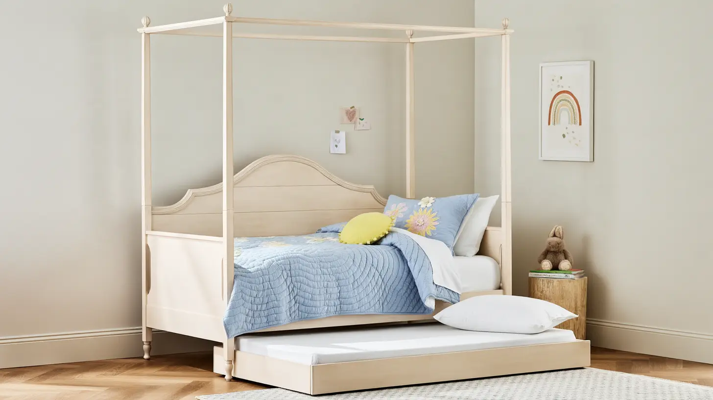A cream-colored wooden canopy daybed featuring blue and yellow bedding, an arched headboard, and a pull-out trundle bed underneath.