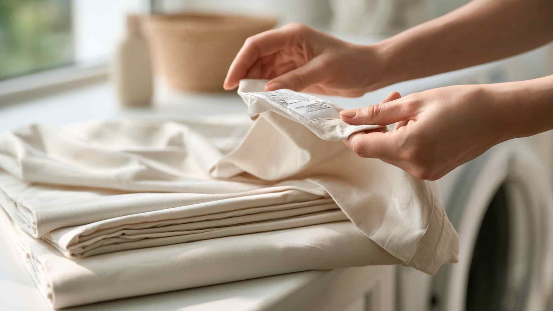 Person checking the care label on new sheets before washing them