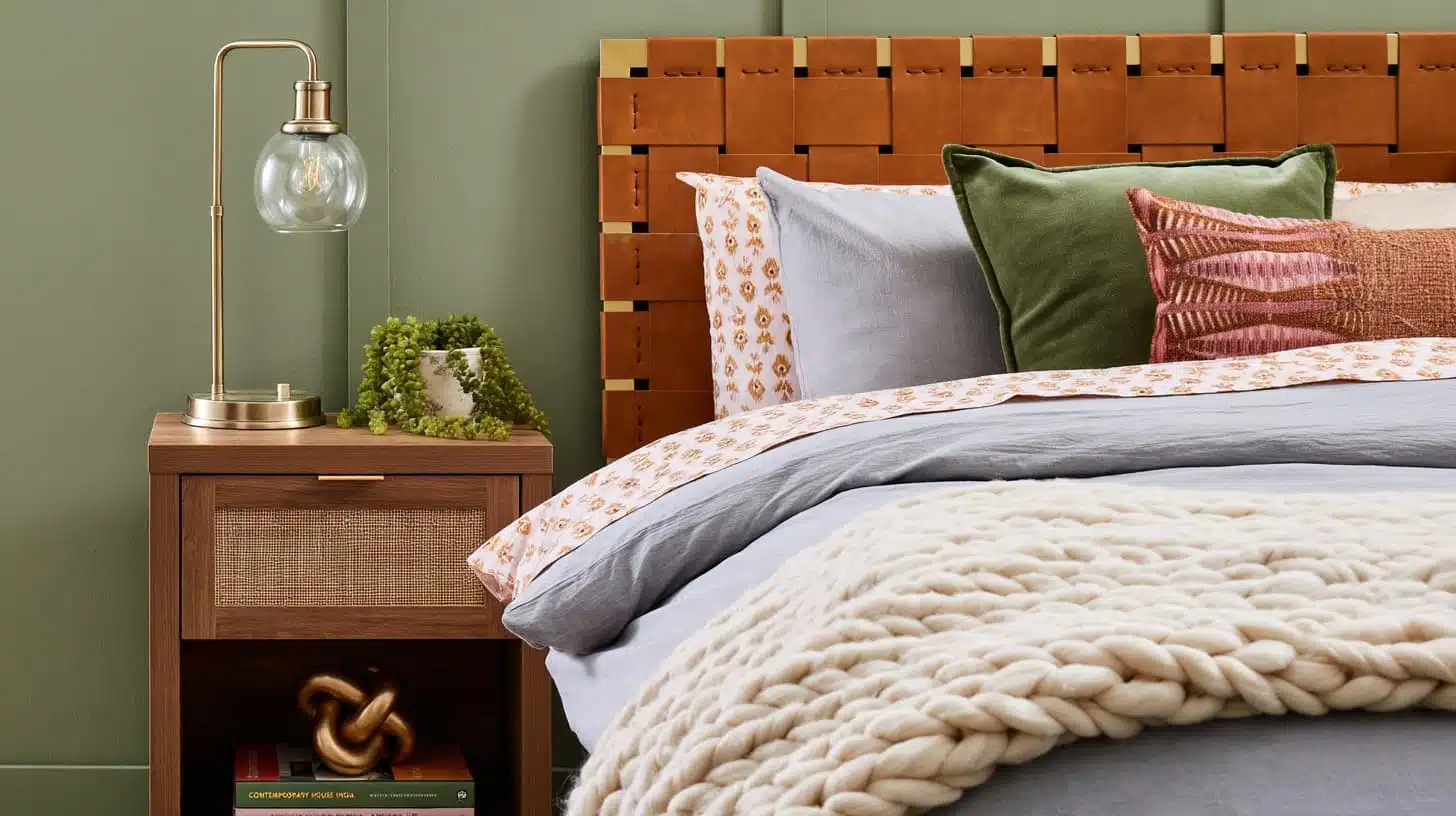 Modern bedroom featuring a geometric wood panel headboard, white bedding with neutral accent pillows, matching wood nightstands, and black lamps