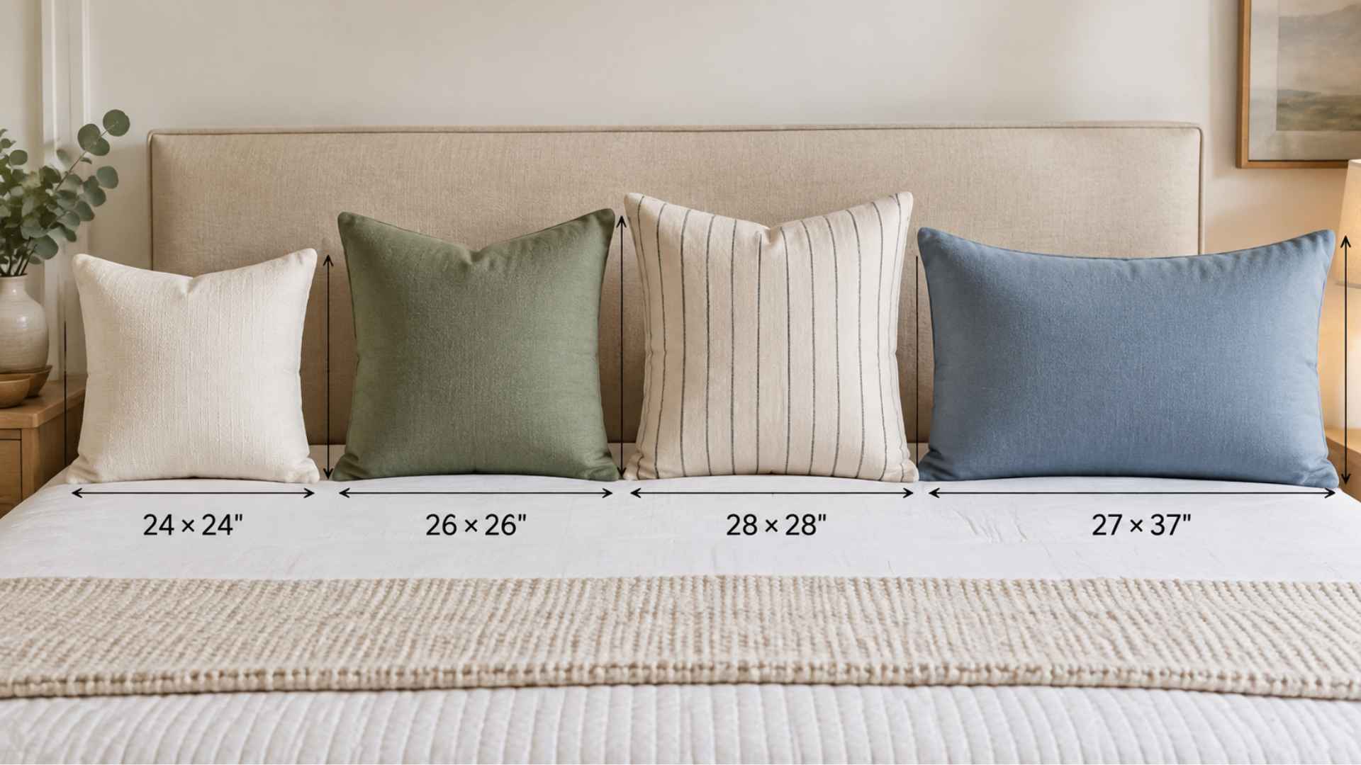 Four euro pillow sizes (24x24, 26x26, 28x28, and 27x37 inches) compared on a neatly made bed with measurement markers in a modern bedroom
