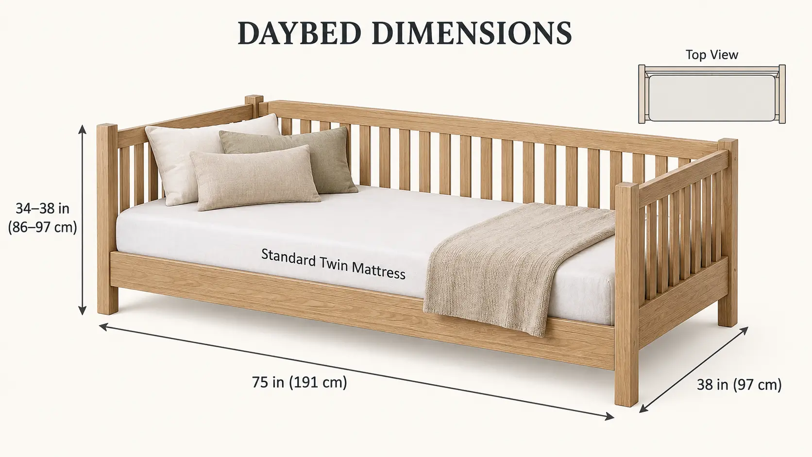 Standard twin daybed dimension diagram showing a 75-by-38-inch mattress and an overall back height of 34 to 38 inches.