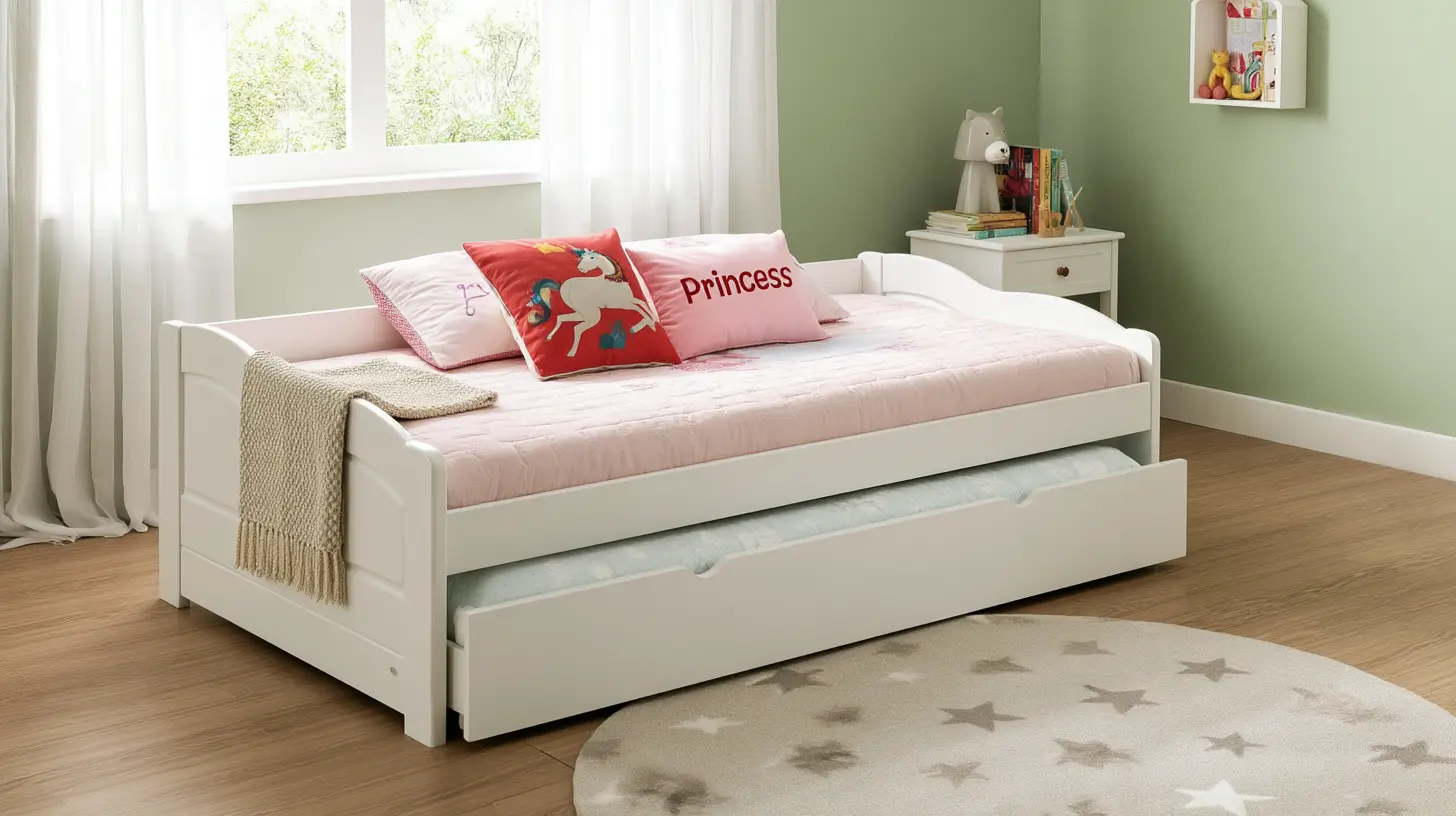 A white daybed with trundle in a child's bedroom, featuring pink bedding, decorative pillows including one that says "Princess," and a star-patterned rug.