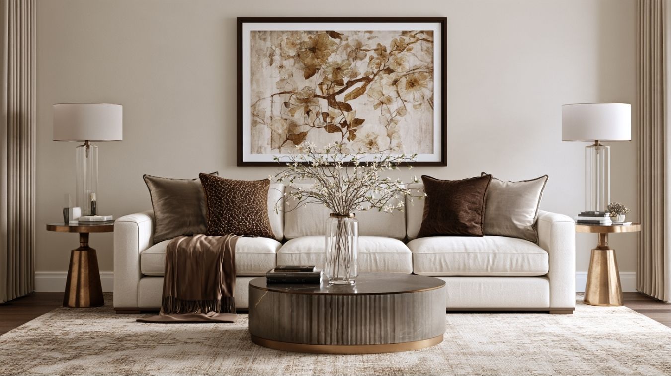 Deep sofa styled with larger decorative pillows that match the wider seat depth and frame.