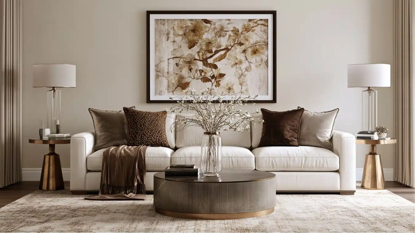 Deep sofa styled with larger decorative pillows that match the wider seat depth and frame.