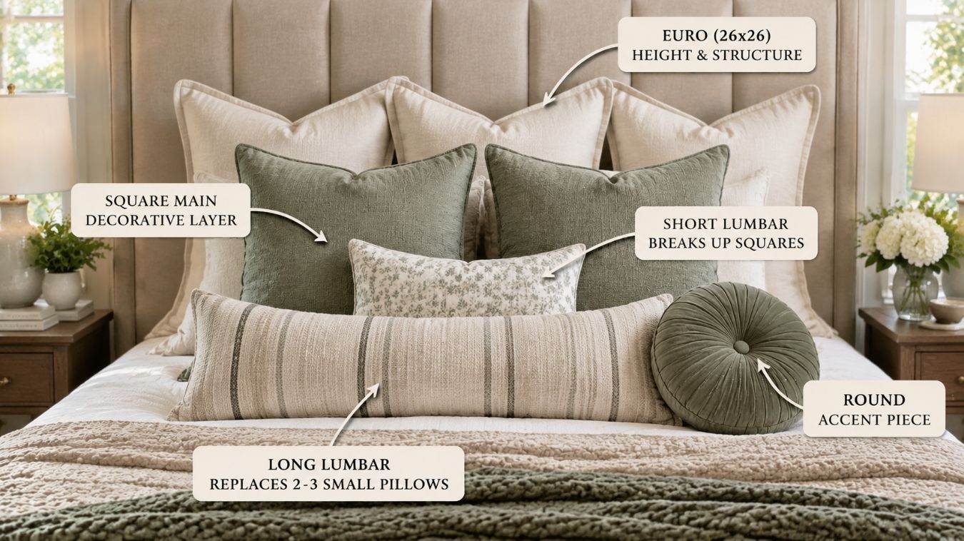 Bed and sofa decorative pillows arranged in different shapes and sizes for styling comparison