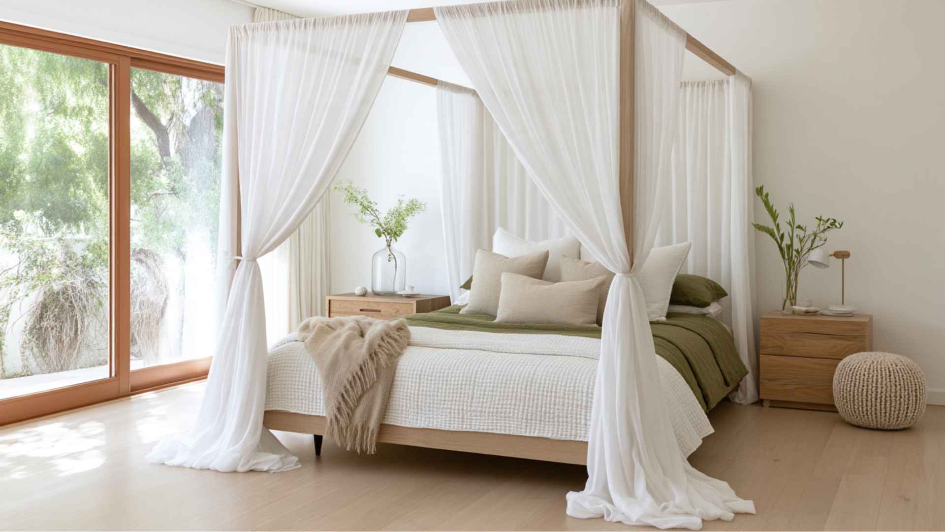 White canopy bed with sheer curtains, olive green bedding, and light wood furniture in a bright bedroom.