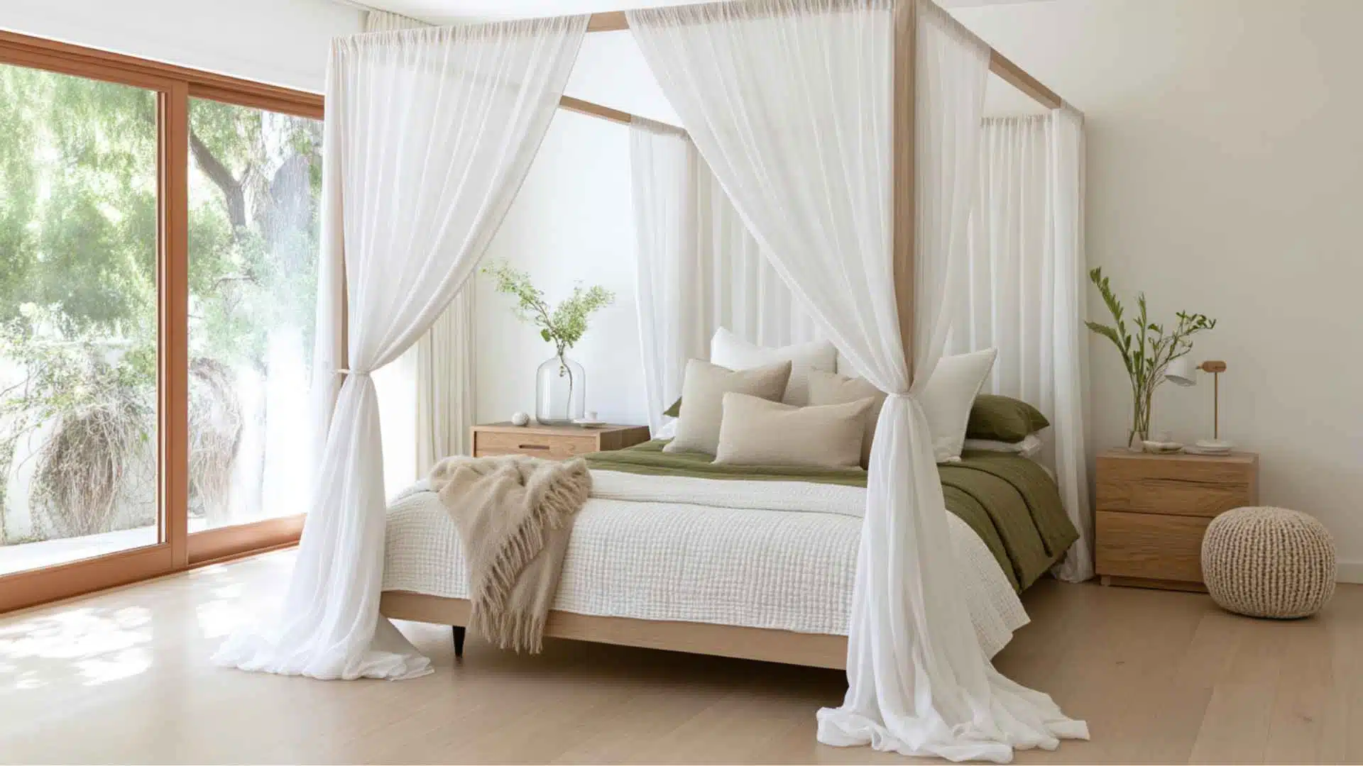 White canopy bed with sheer curtains, olive green bedding, and light wood furniture in a bright bedroom.