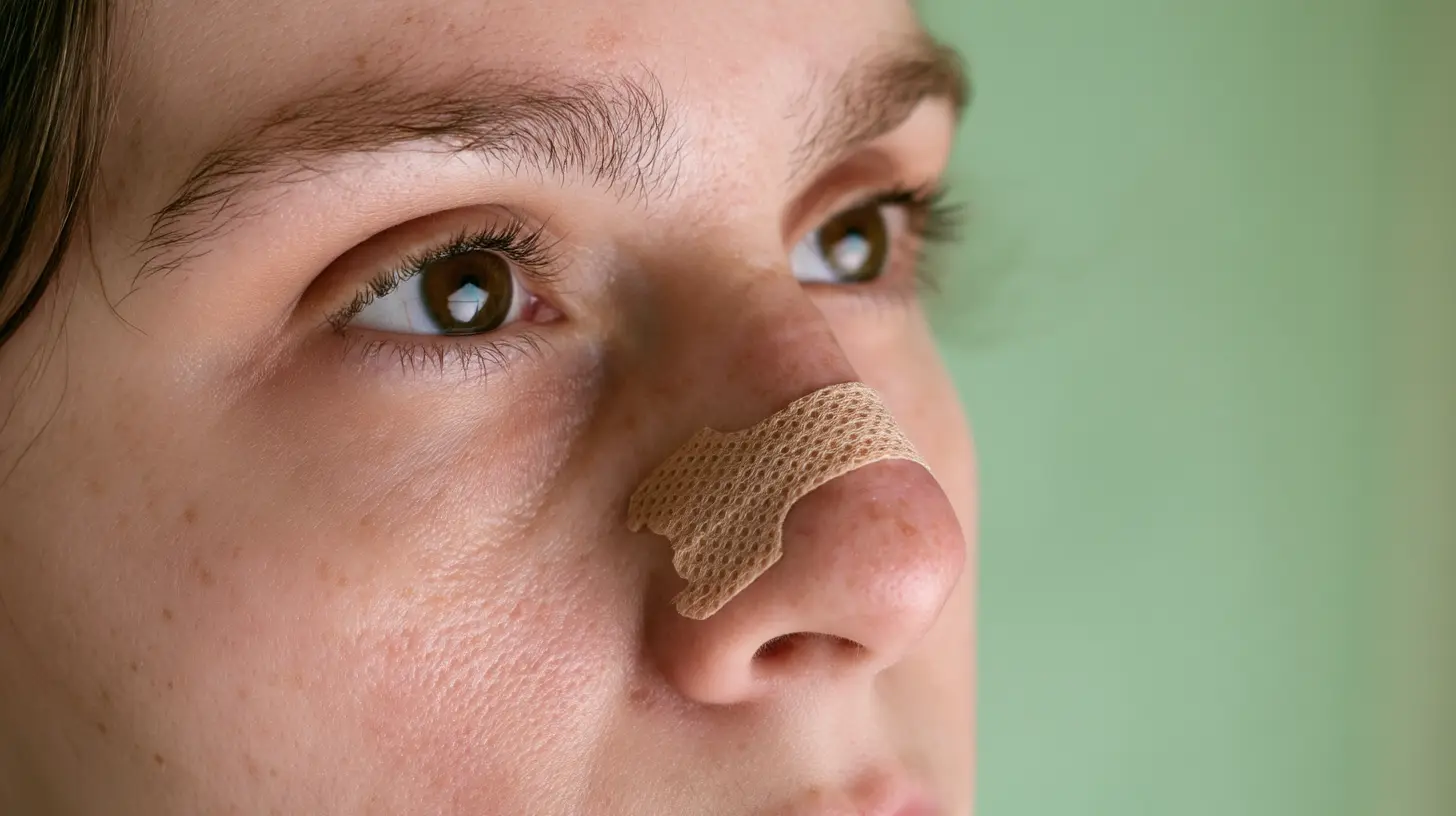 Close-up view of a person wearing a beige, mesh-textured nasal strip across the bridge of their nose.