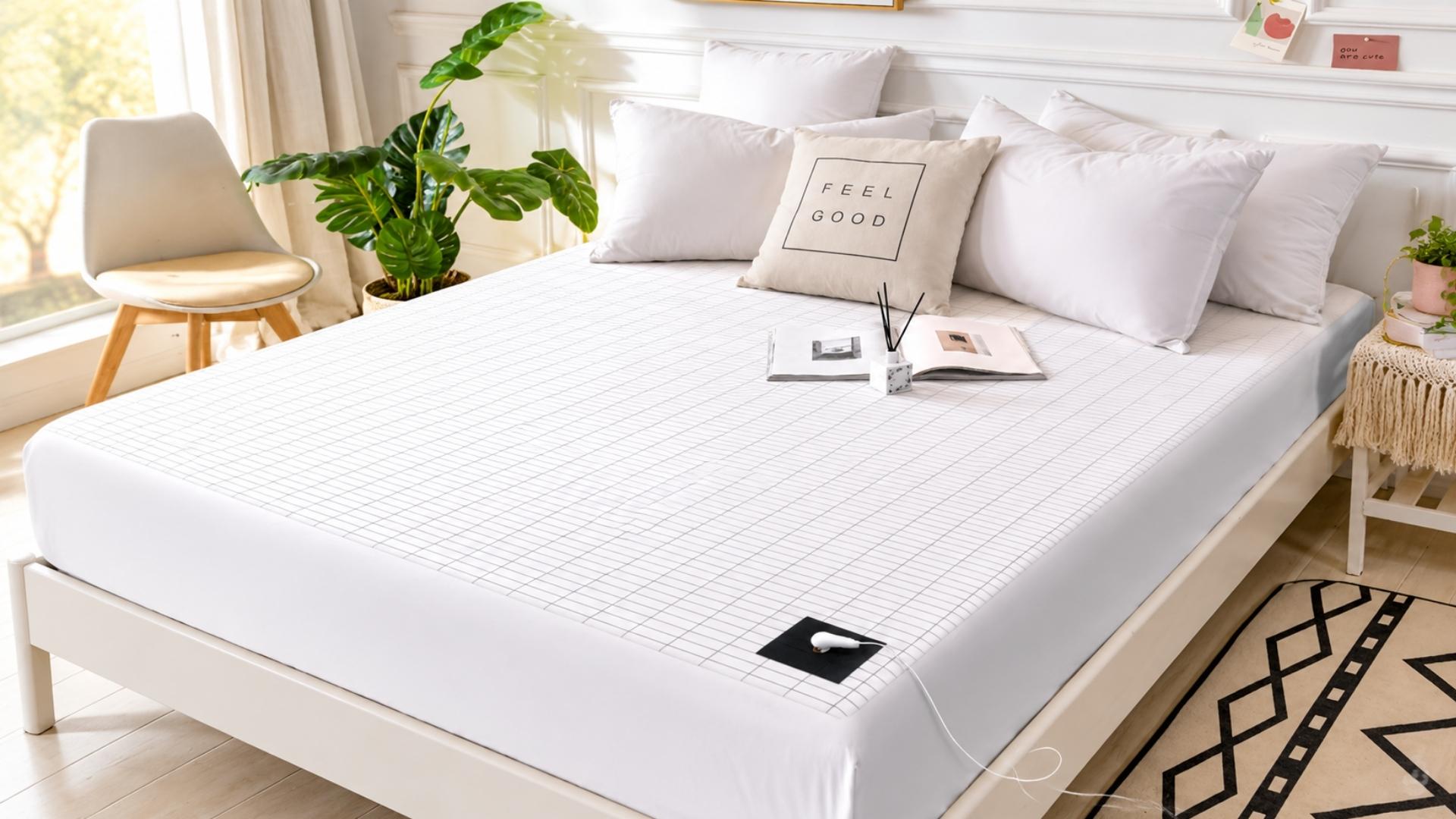 White grounding sheet with a grid pattern and grounding cord placed on a neatly made bed in a bright minimalist bedroom.