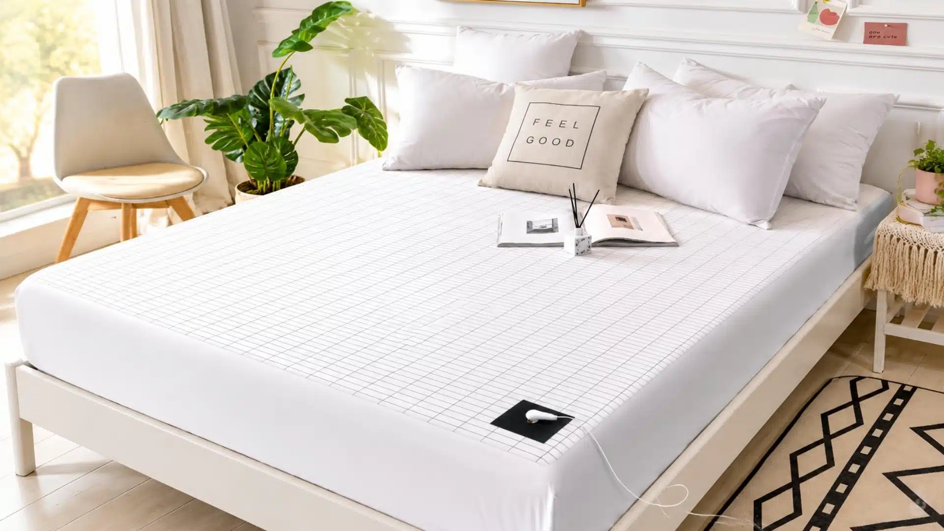 White grounding sheet with a grid pattern and grounding cord placed on a neatly made bed in a bright minimalist bedroom.