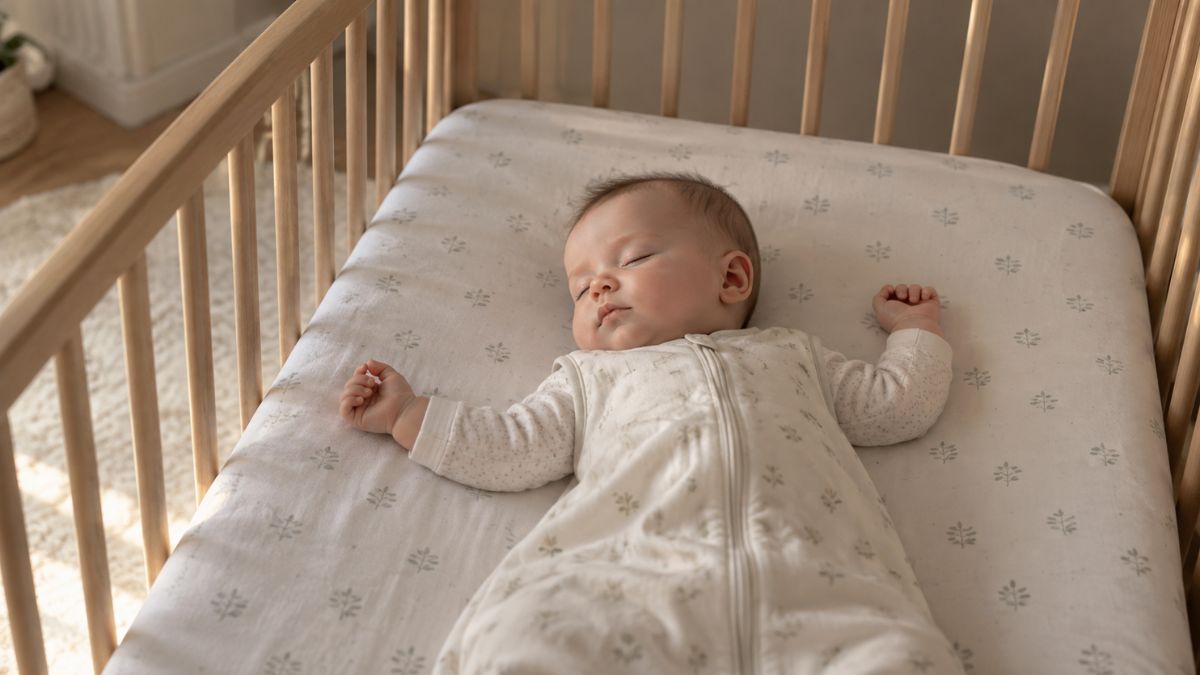 Six-month-old baby sleeping peacefully on their back in a wooden crib with a fitted sheet and sleep sack.