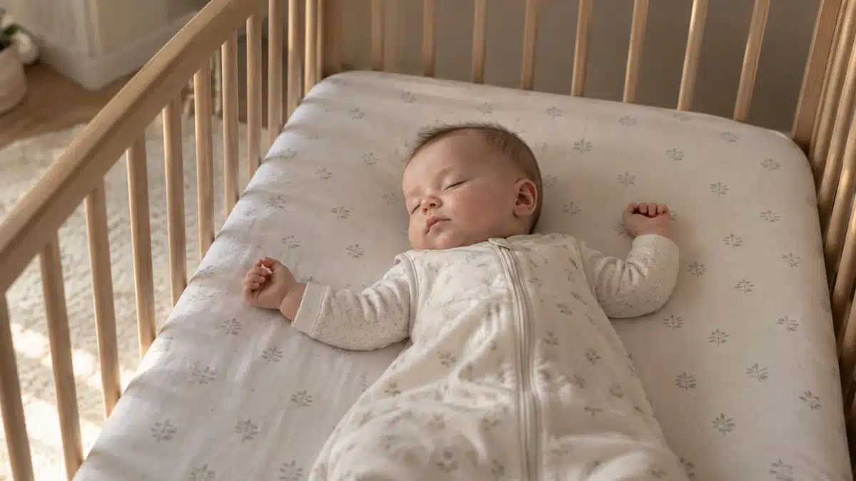 Six-month-old baby sleeping peacefully on their back in a wooden crib with a fitted sheet and sleep sack.