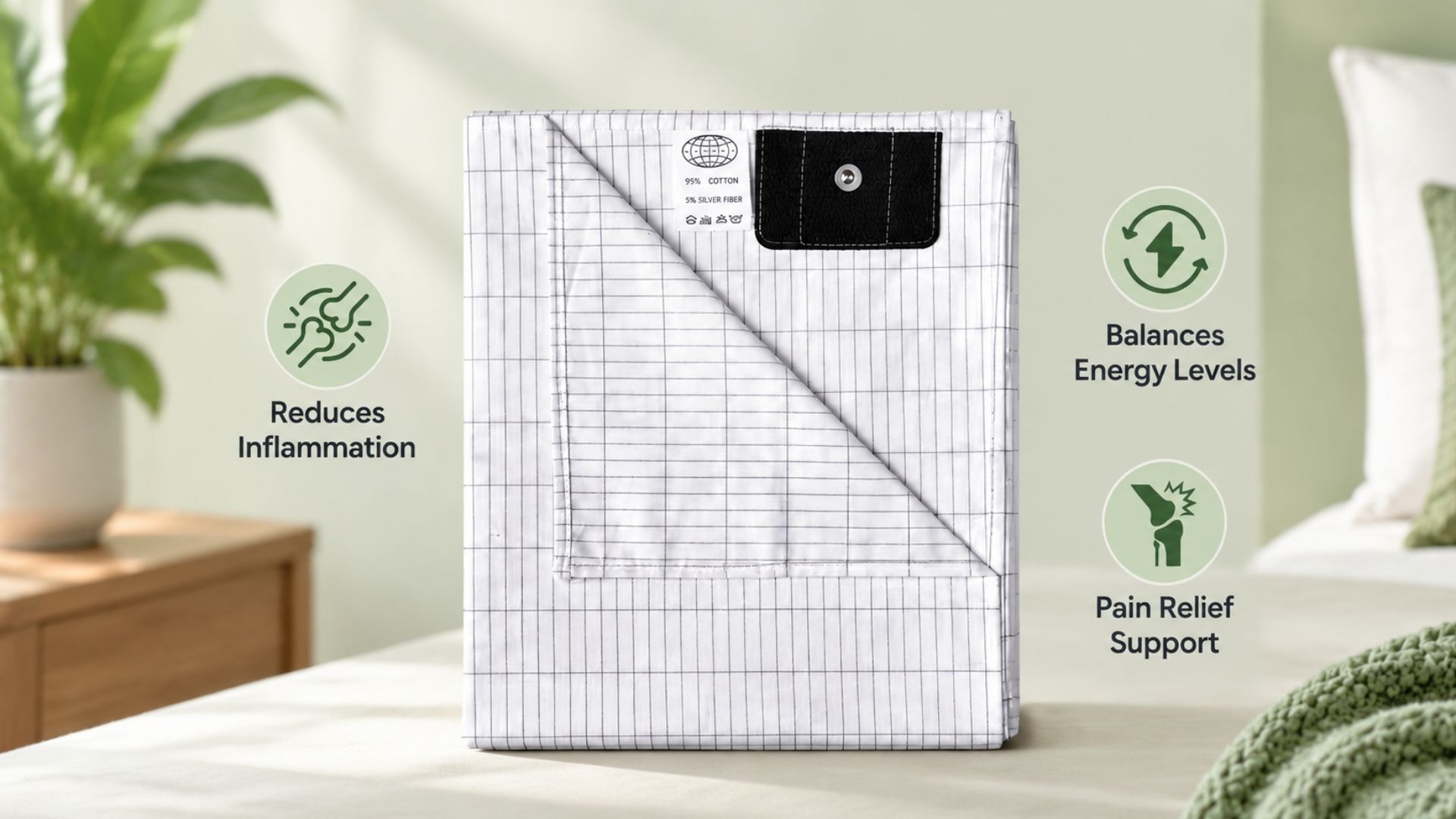 White grounding bed sheet with conductive fibers displayed in a minimalist bedroom setting for grounding sheet benefits