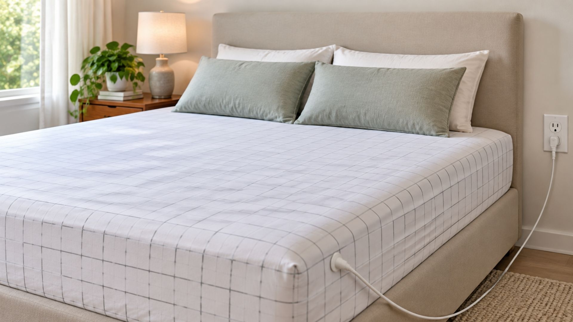White grounding sheet on a bed connected to a wall outlet in a calm modern bedroom setting