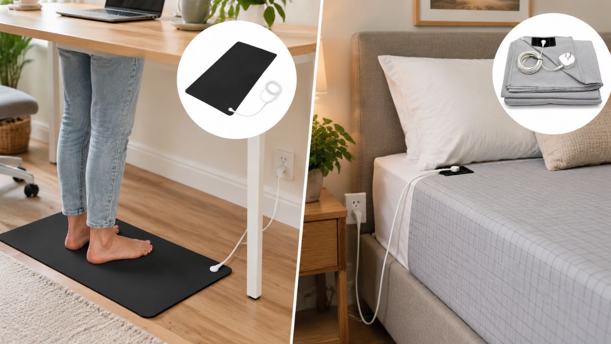 Grounding mat under feet beside a desk and grounding sheet on a bed showing different grounding setups