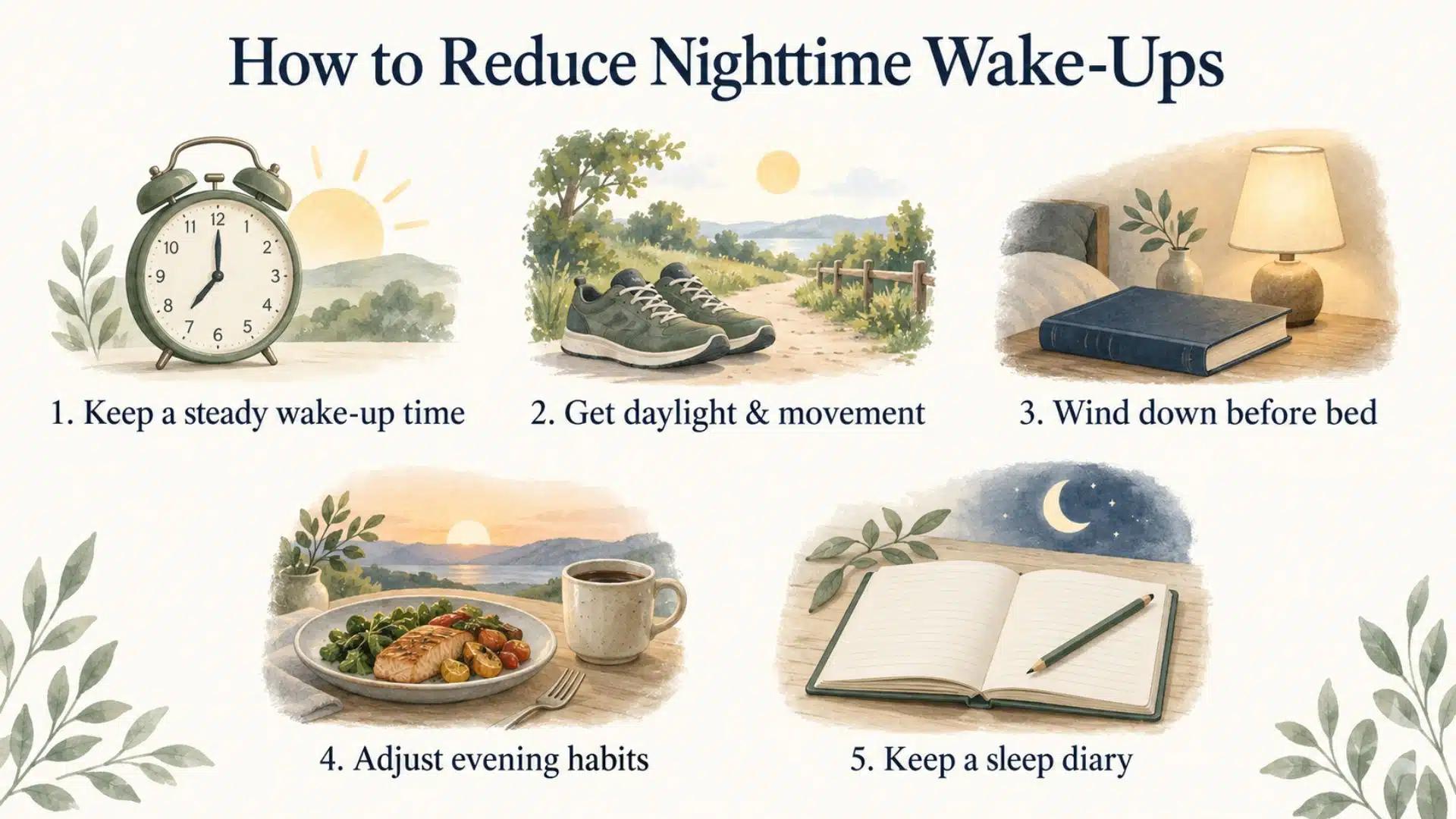 Infographic showing five habits to reduce nighttime waking, including consistent wake times, daylight, and a sleep diary