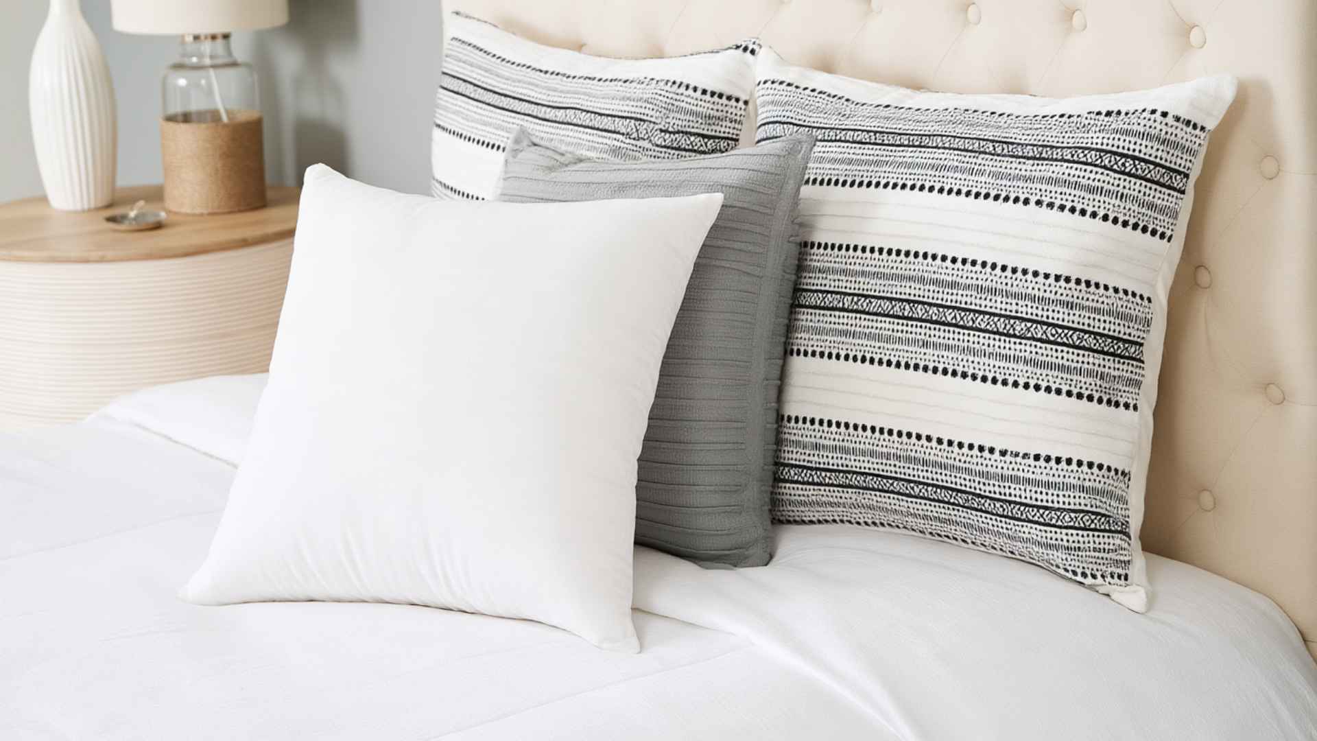 Four Euro pillows in white, gray, and black-and-white patterns arranged against a tufted headboard on a neatly made bed