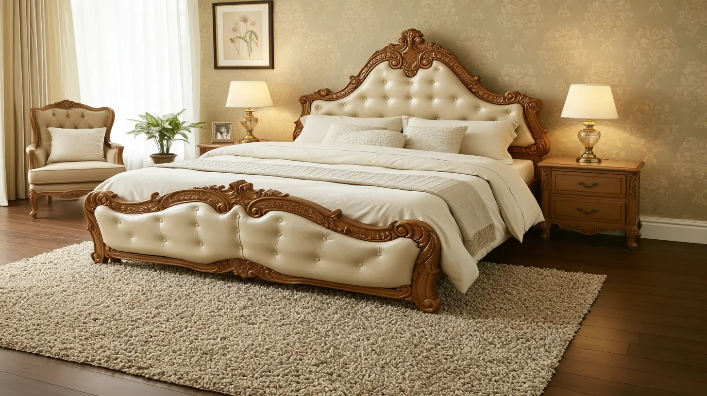 Ornate traditional bedroom featuring a tufted ivory leather bed with carved wood framing, matching nightstands with lamps, a tufted armchair, and a plush area rug.
