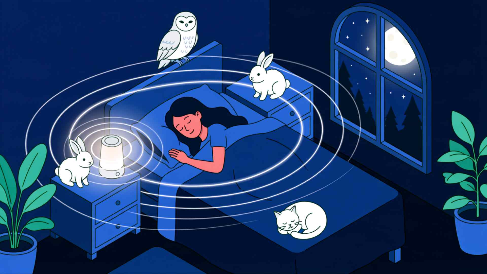 Illustration showing how white noise waves create a steady sound environment around a sleeping person