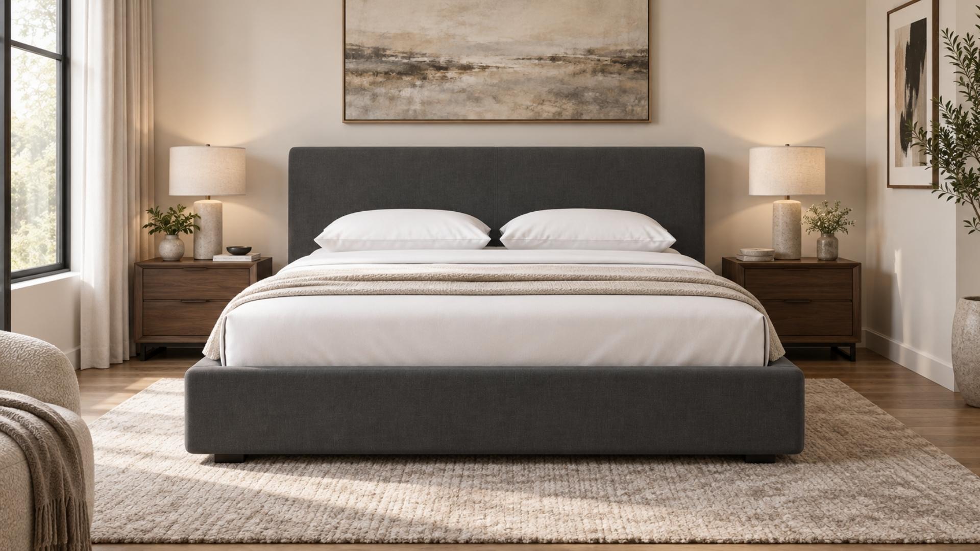Thuma-style bed frame in a warm, well-furnished bedroom with white bedding, wood nightstands, lamps, art, and a large rug.