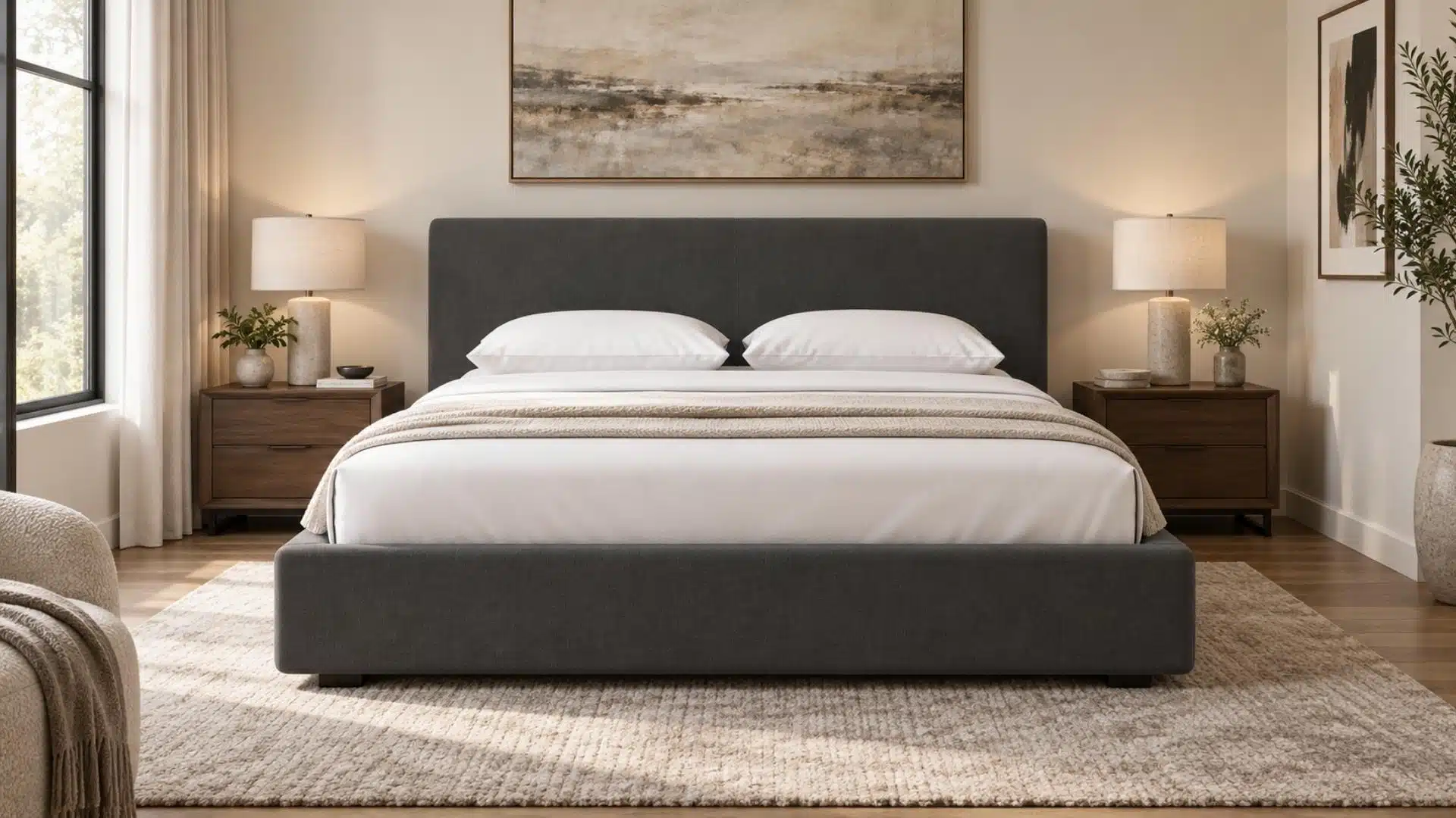 Thuma-style bed frame in a warm, well-furnished bedroom with white bedding, wood nightstands, lamps, art, and a large rug.