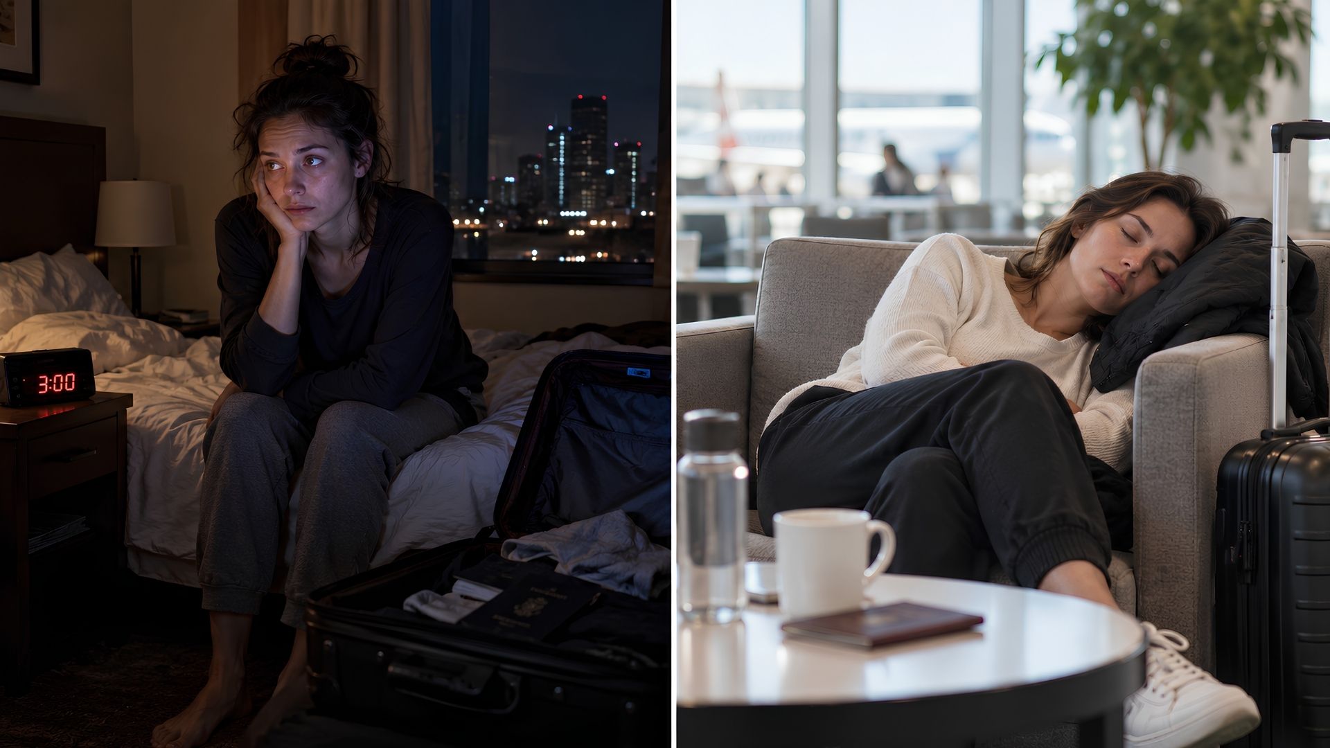 Split image showing a woman awake at night with jet lag beside a traveler sleeping during the day from travel fatigue