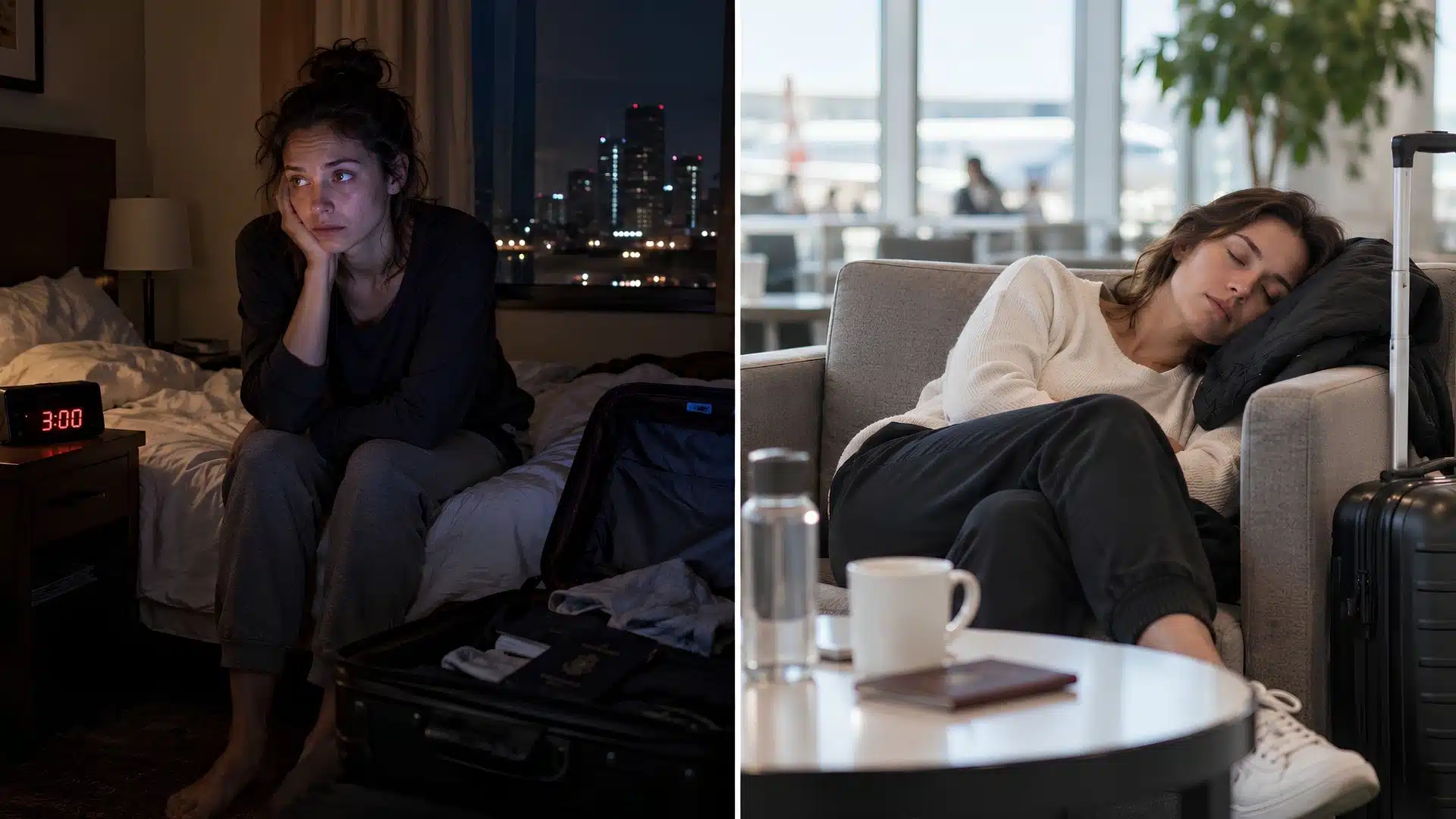 Split image showing a woman awake at night with jet lag beside a traveler sleeping during the day from travel fatigue