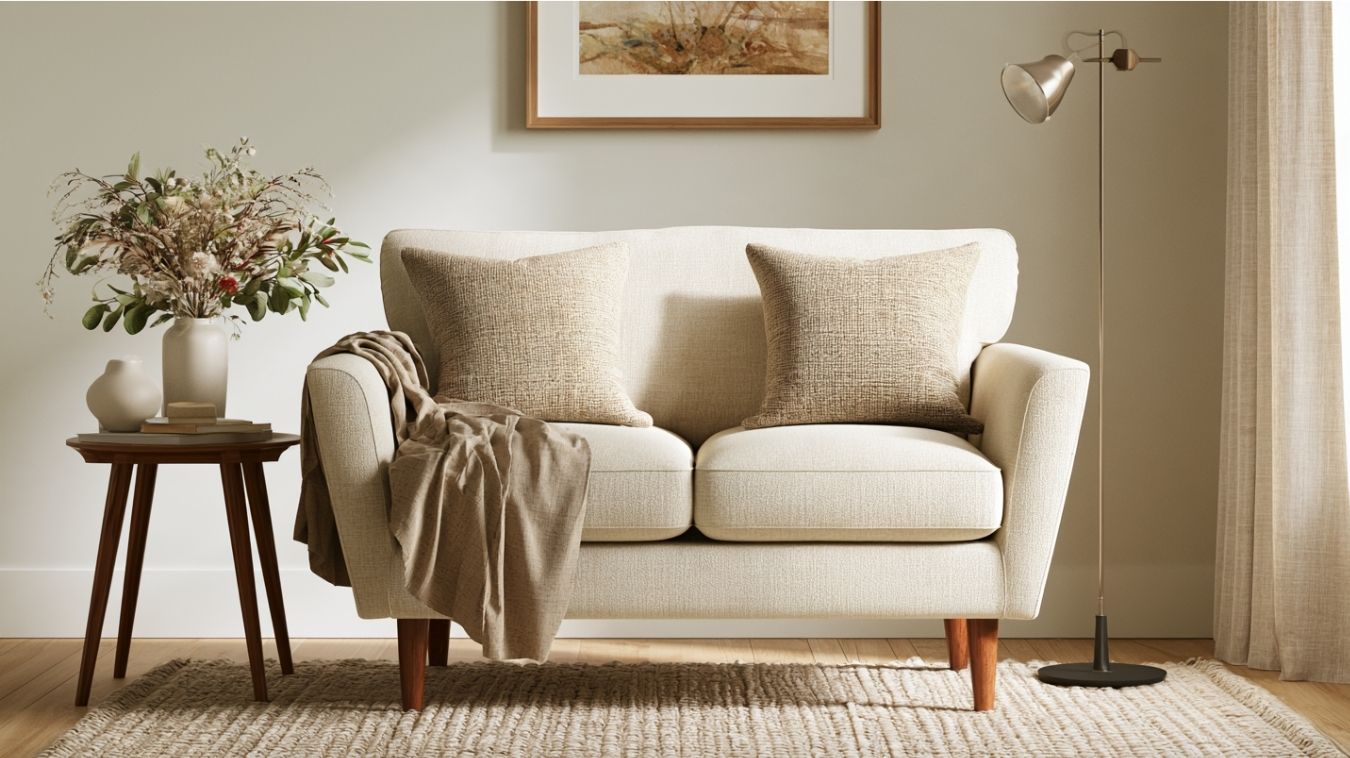 Compact loveseat with decorative pillows arranged to match the smaller sofa size and seating space