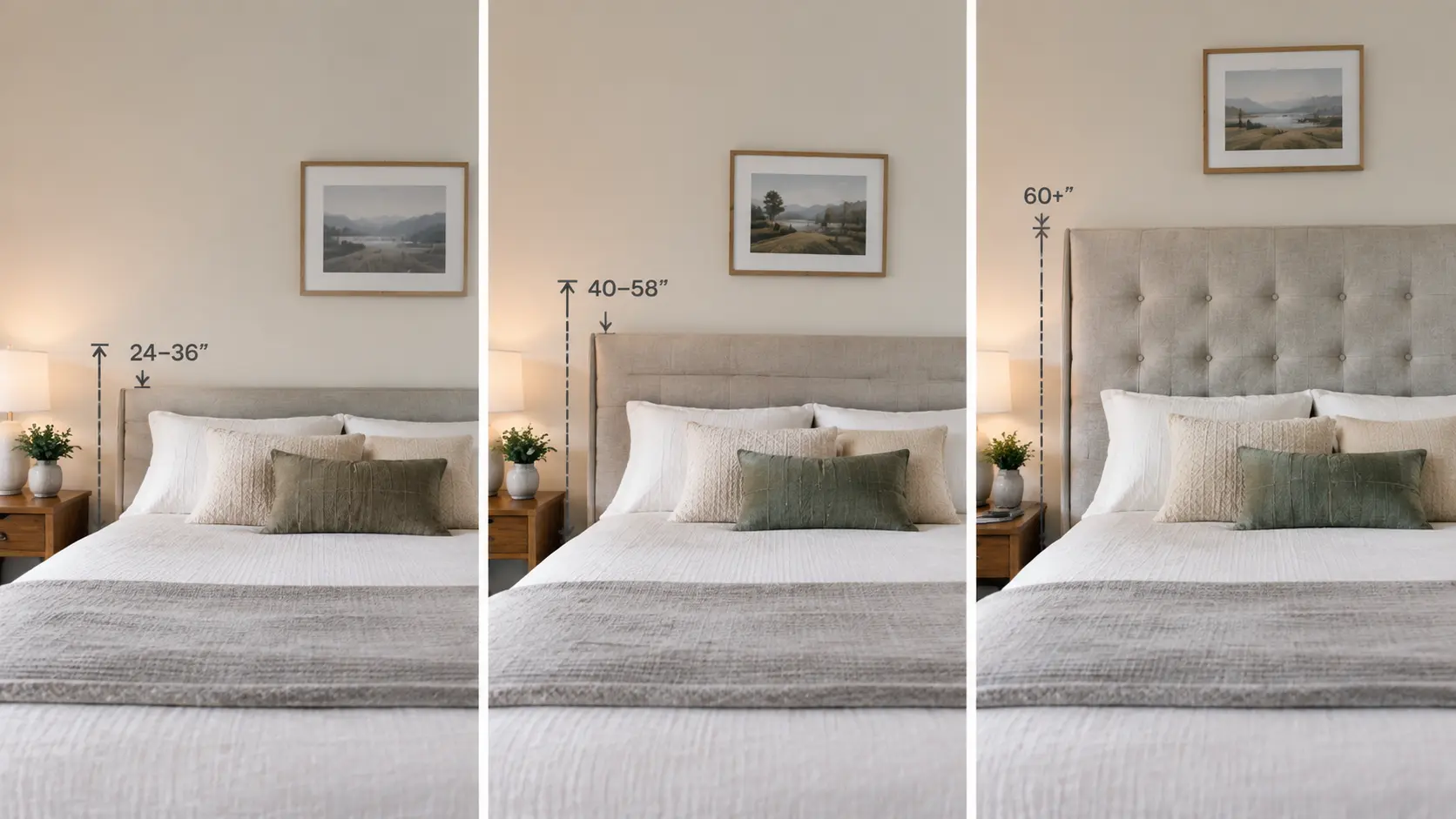Comparative image displaying three bed headboard heights: low-profile (24-36"), standard (40-58"), and tall statement (60"+).