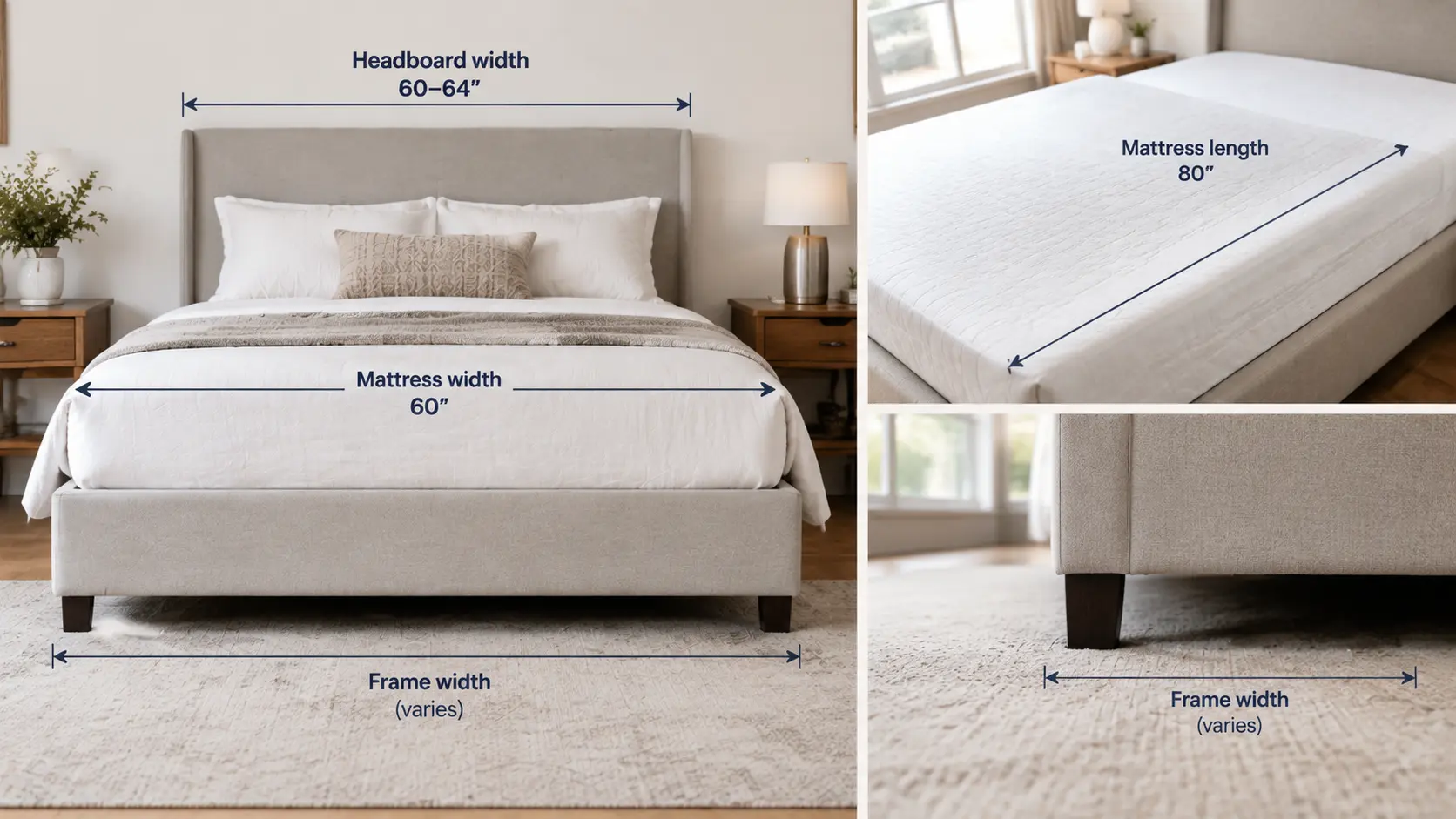 Diagram detailing queen bed dimensions: 60" mattress width, 80" length, 60-64" headboard width, and variable frame width