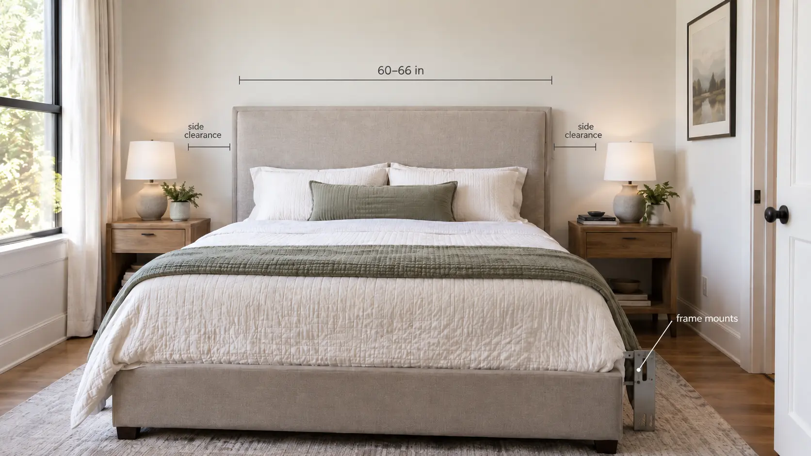 Bedroom setup showing a queen bed with 60-66 inches headboard width, side clearance, and frame mounts