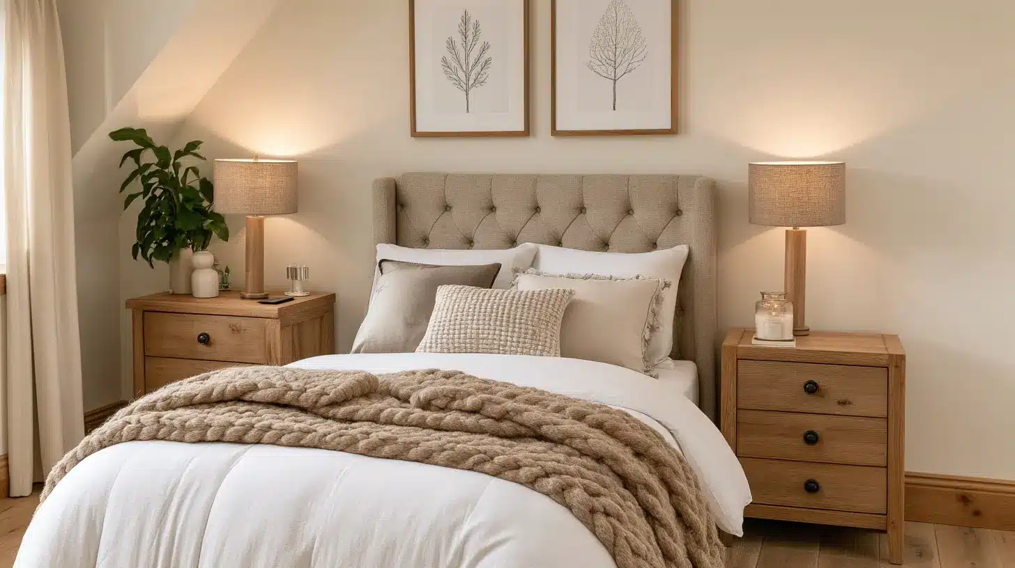 A cozy bedroom with a neutral tufted headboard, white bedding, a chunky knit tan throw blanket, and matching wooden nightstands with lamps