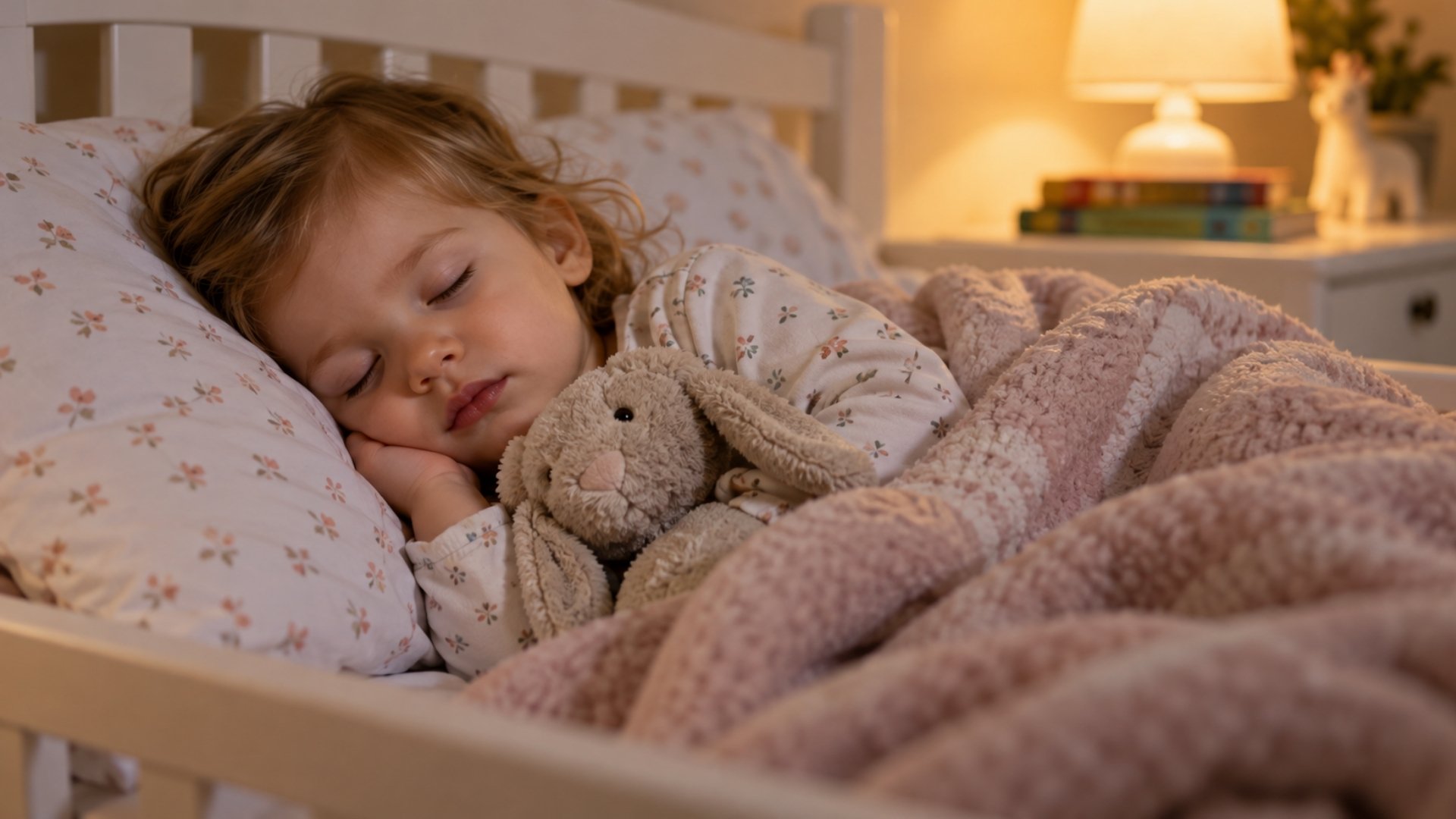 Two-year-old toddler sleeping peacefully in a cozy bed with a soft blanket and stuffed bunny.
