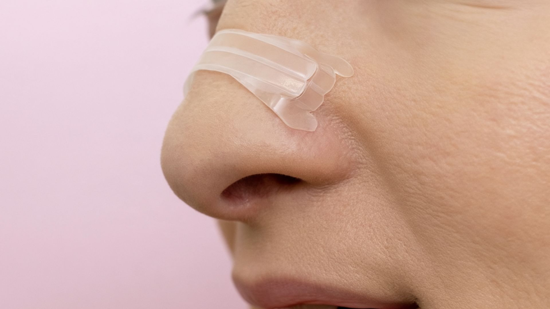 Close-up profile of a person wearing a translucent adhesive nasal strip across the bridge of the nose.