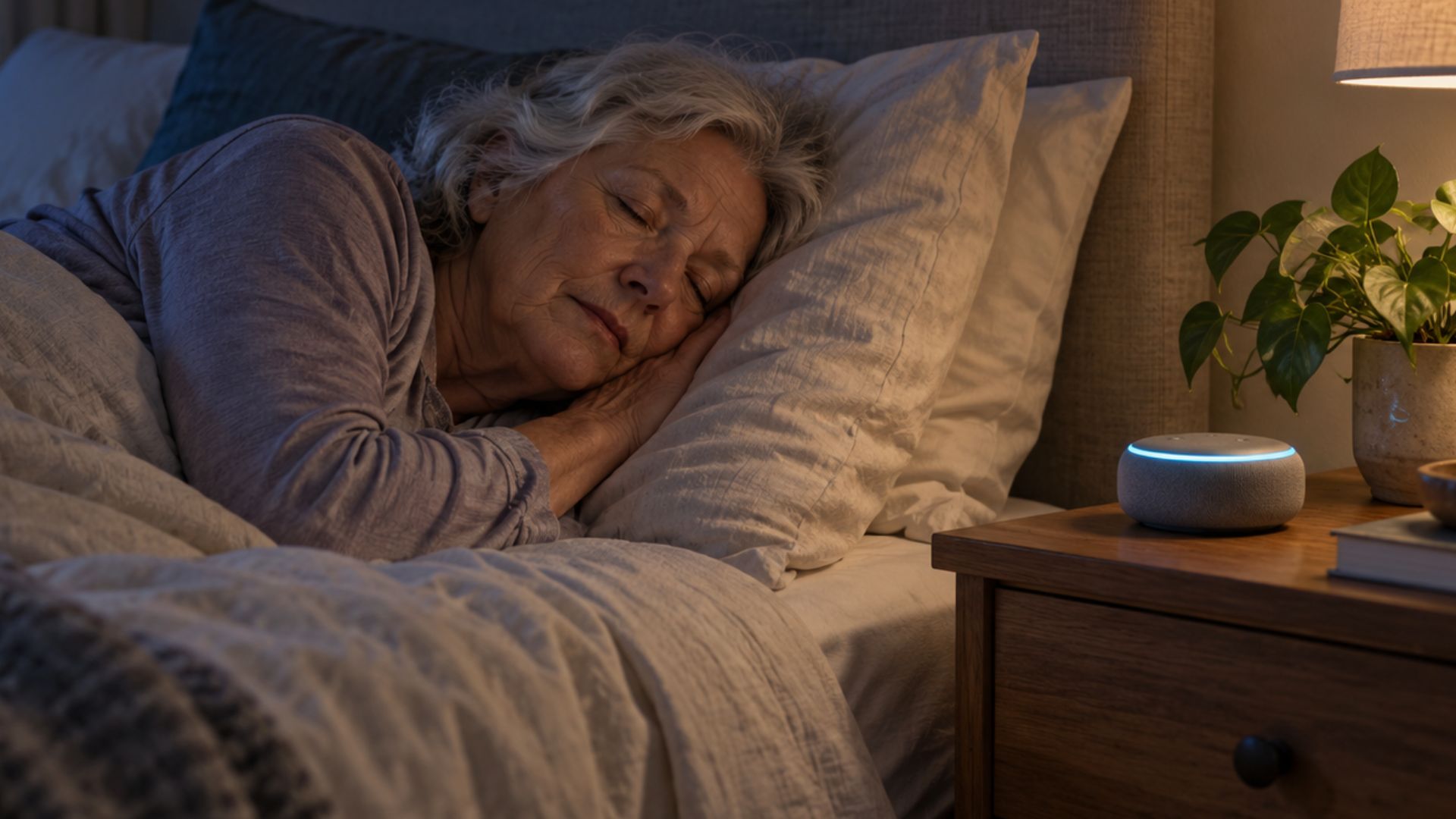 Older woman sleeping peacefully in a softly lit bedroom beside a smart speaker playing white noise on a wooden nightstand