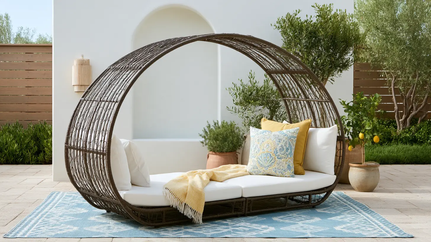 An outdoor wicker canopy daybed featuring a curved dome frame, white cushions, decorative pillows, and a yellow throw blanket
