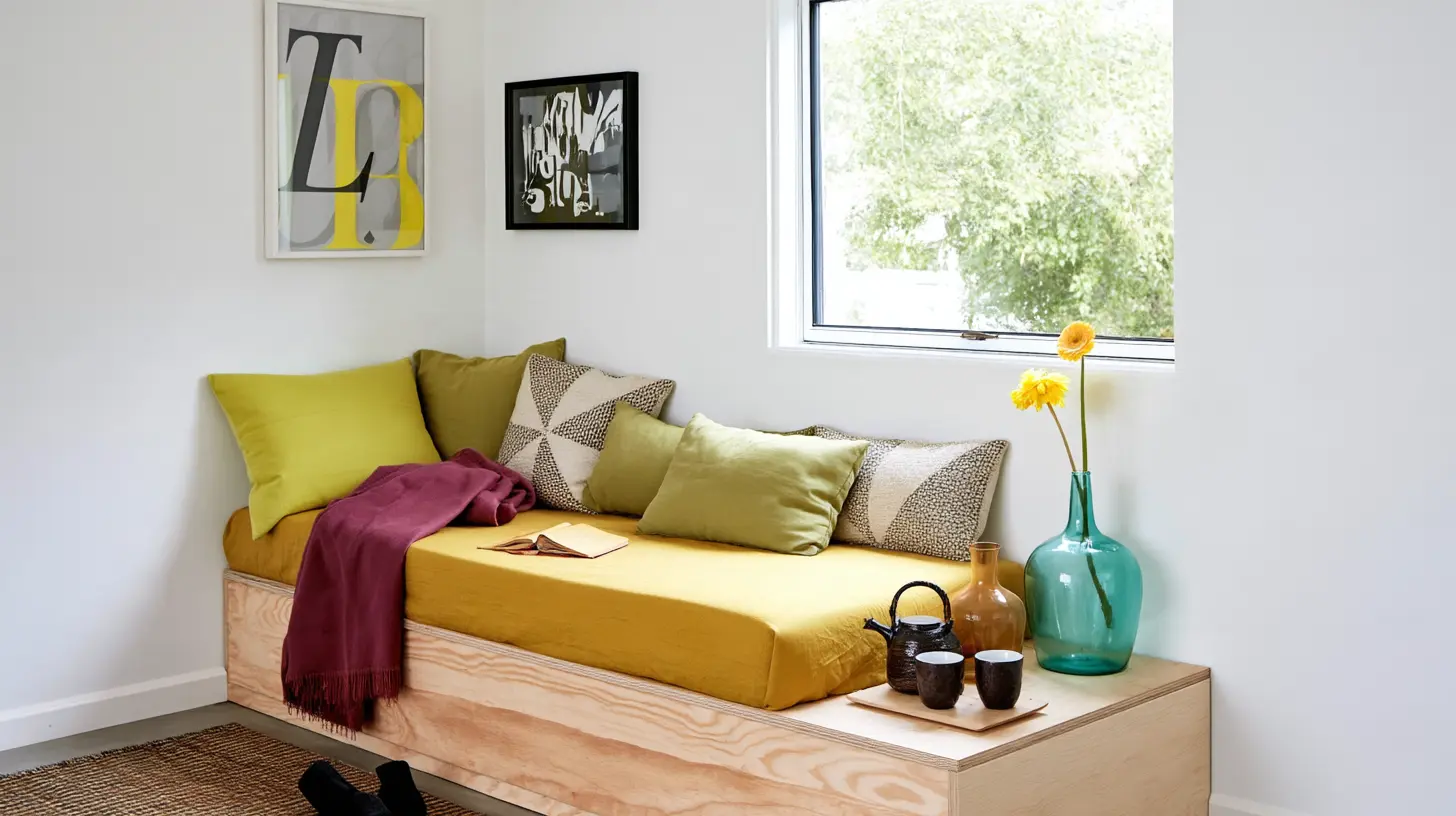 A wooden platform daybed styled with yellow and green pillows, a maroon throw blanket, and a tea set, positioned against a white wall below a window.